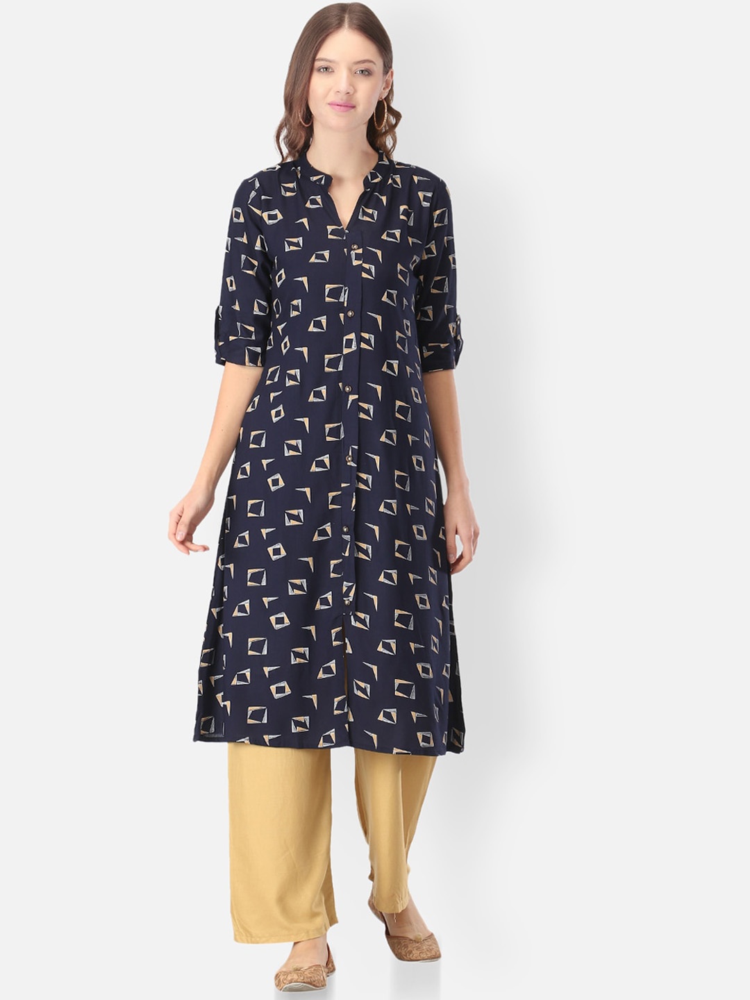 

FEMMIBELLA Geometric Printed Mandarin Collar Roll-Up Sleeves Kurta, Navy blue