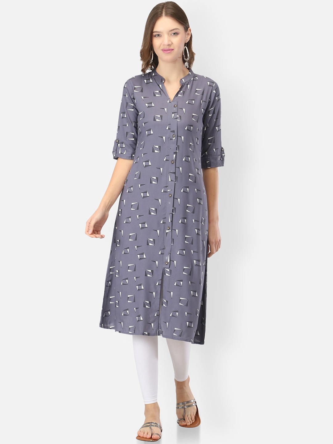 

FEMMIBELLA Geometric Printed Mandarin Collar Roll-Up Sleeves Kurta, Grey