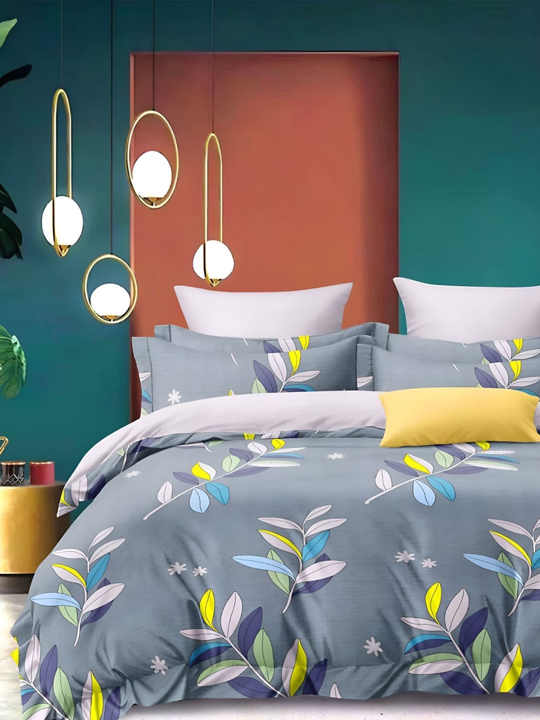 

Bajo's Grey & Yellow Floral 300 TC Cotton Queen Bedsheet with 2 Pillow Covers