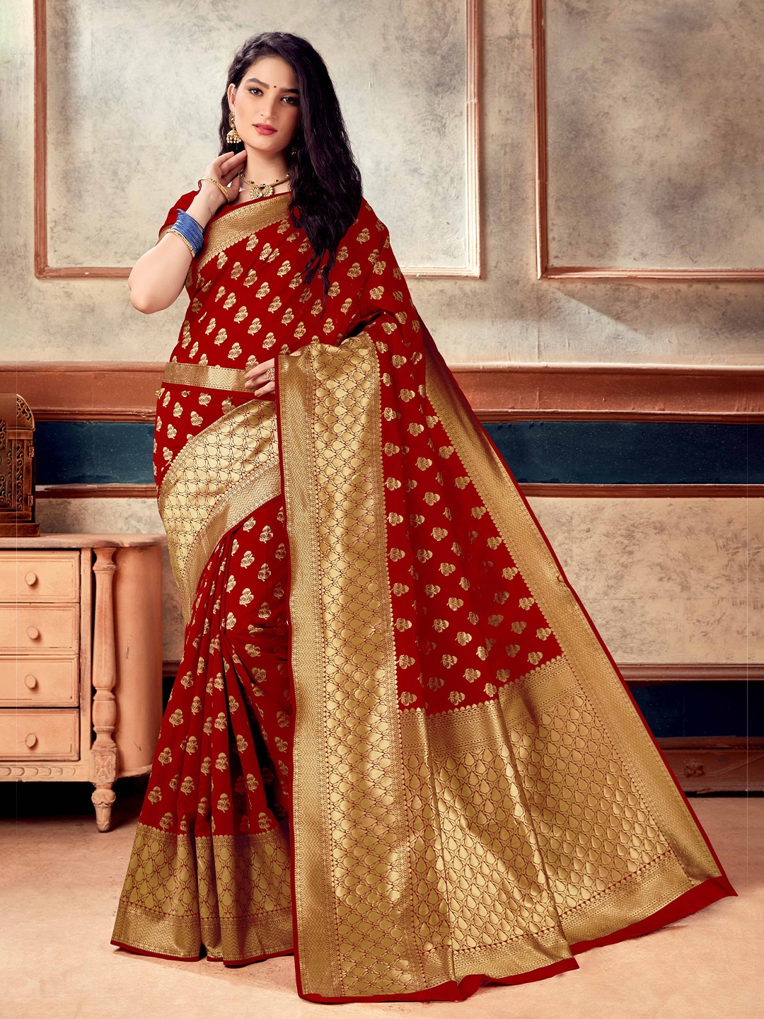 

Mitera Red & Gold-Toned Ethnic Motifs Woven Design Zari Banarasi Saree