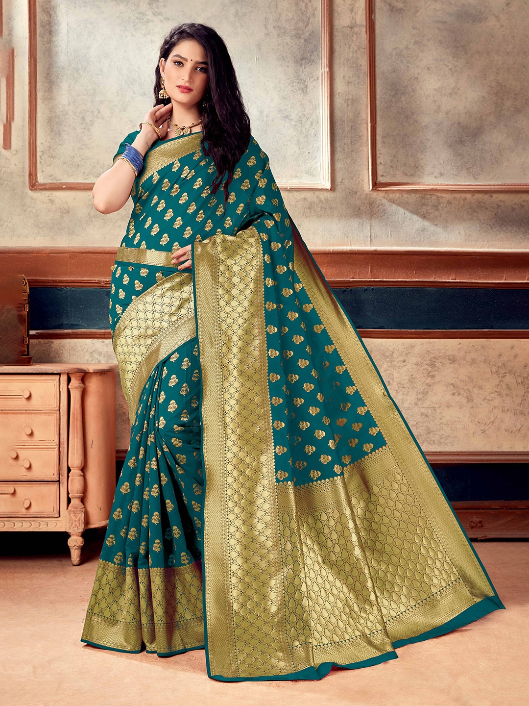

Mitera Teal Green & Gold-Toned Ethnic Motifs Woven Design Zari Banarasi Saree