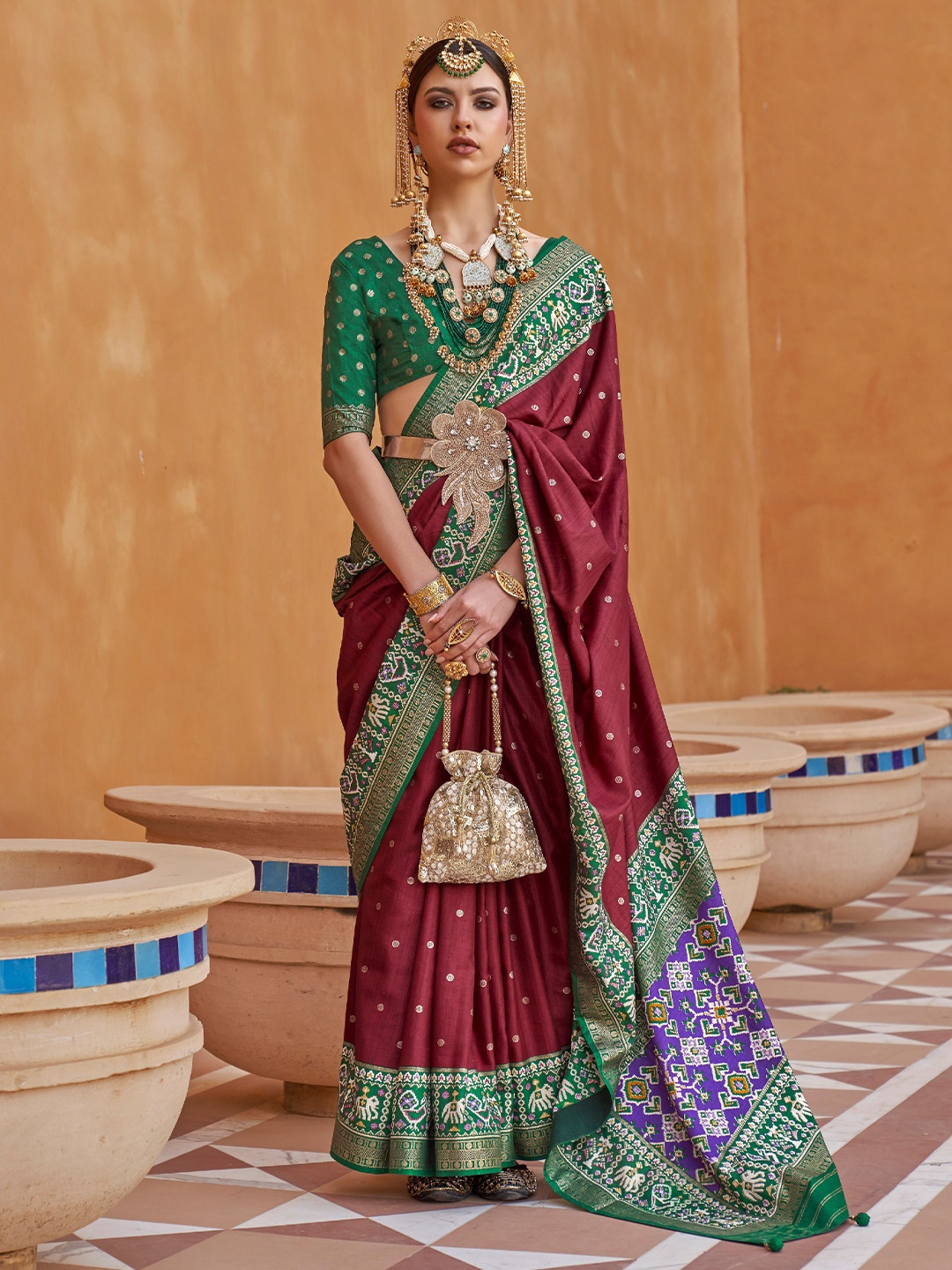 

Mitera Maroon & Green Woven Design Zari Silk Blend Saree