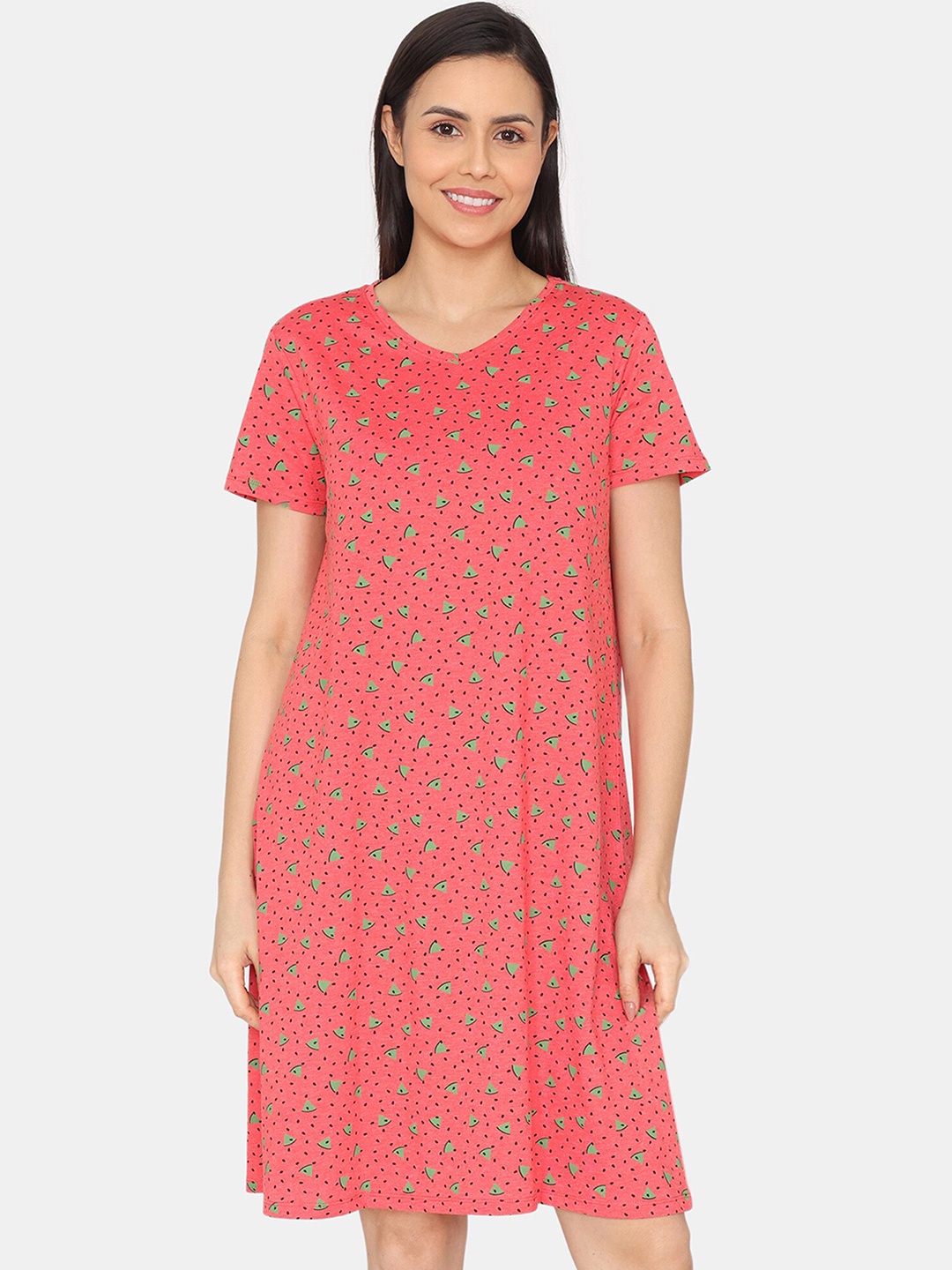 

Rosaline by Zivame Printed V-Neck Nightdress, Red