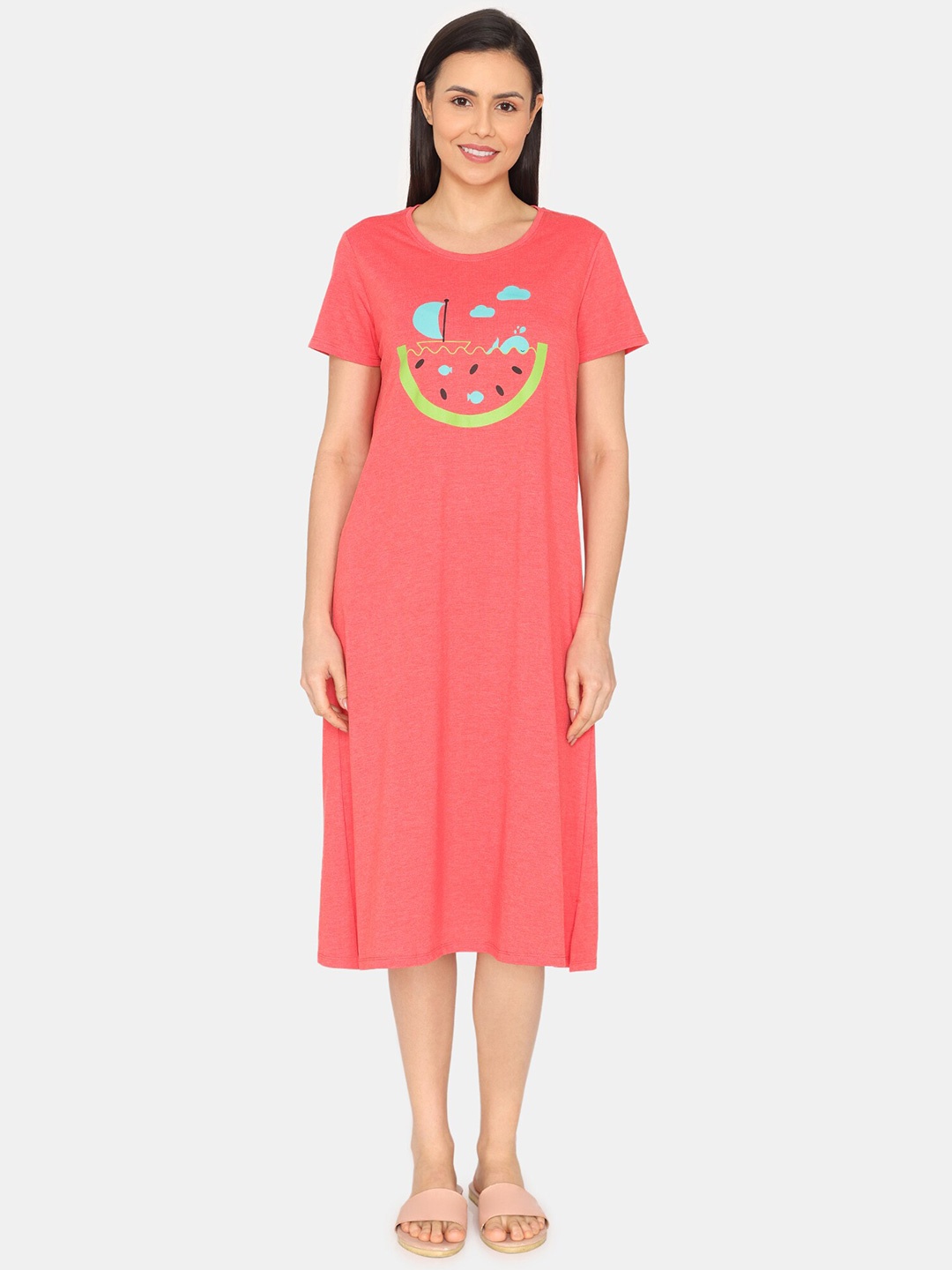 

Rosaline by Zivame Printed Midi Nightdress, Red