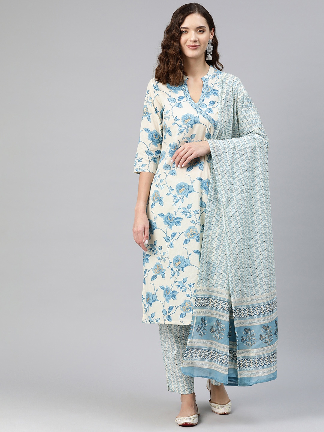 

Readiprint Fashions Floral Printed Angrakha Sequinned Cotton Kurta with Palazzos & Dupatta, Off white