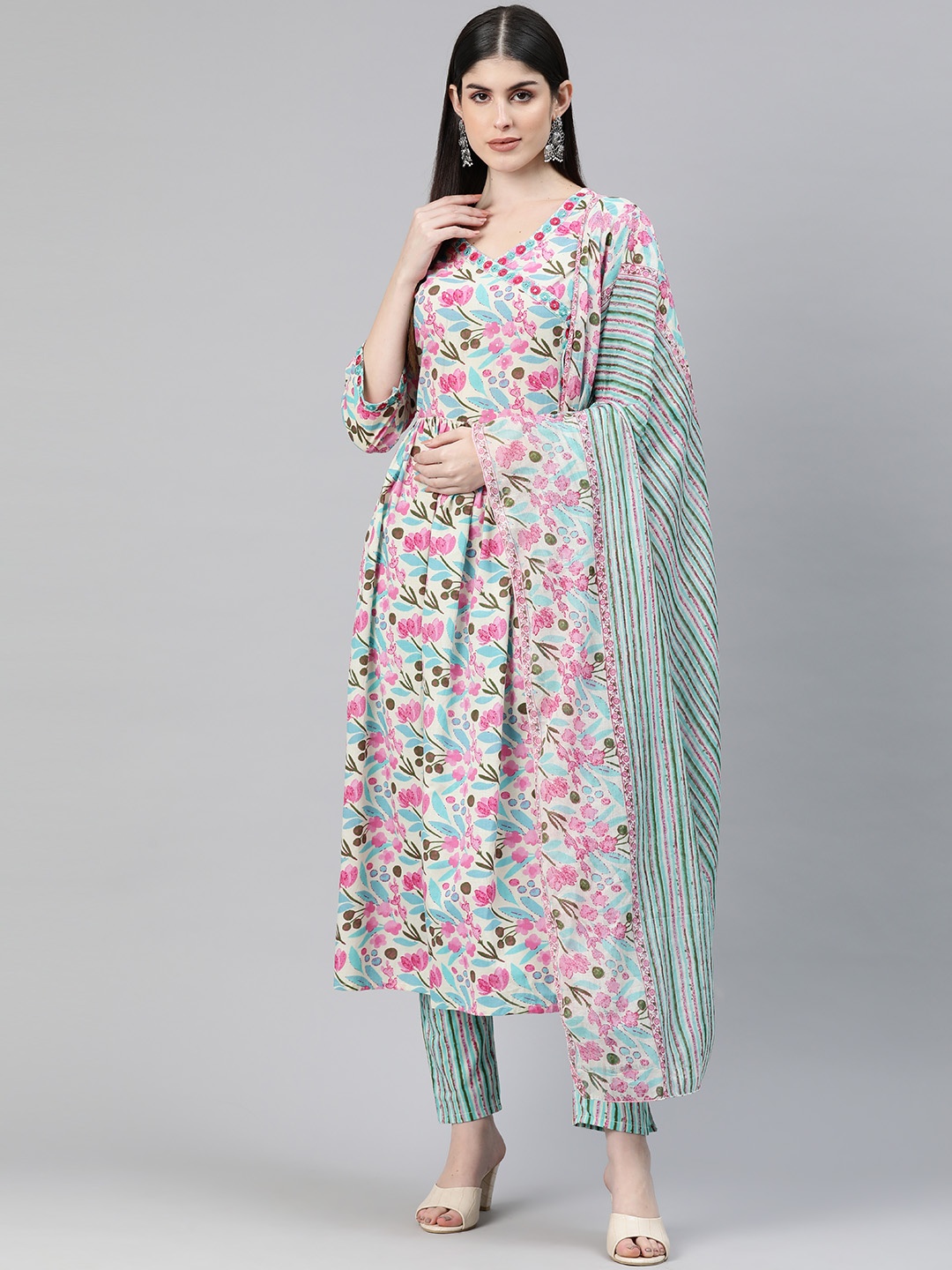 

Readiprint Floral Angrakha Mirror Work Cotton Kurta with Palazzos & Dupatta, Beige