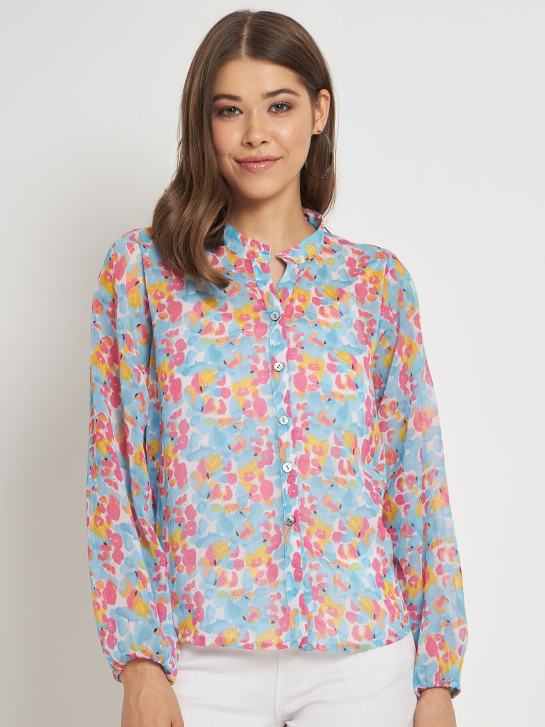

ANVI Be Yourself Blue & Pink Floral Printed Classic Sheer Shirt