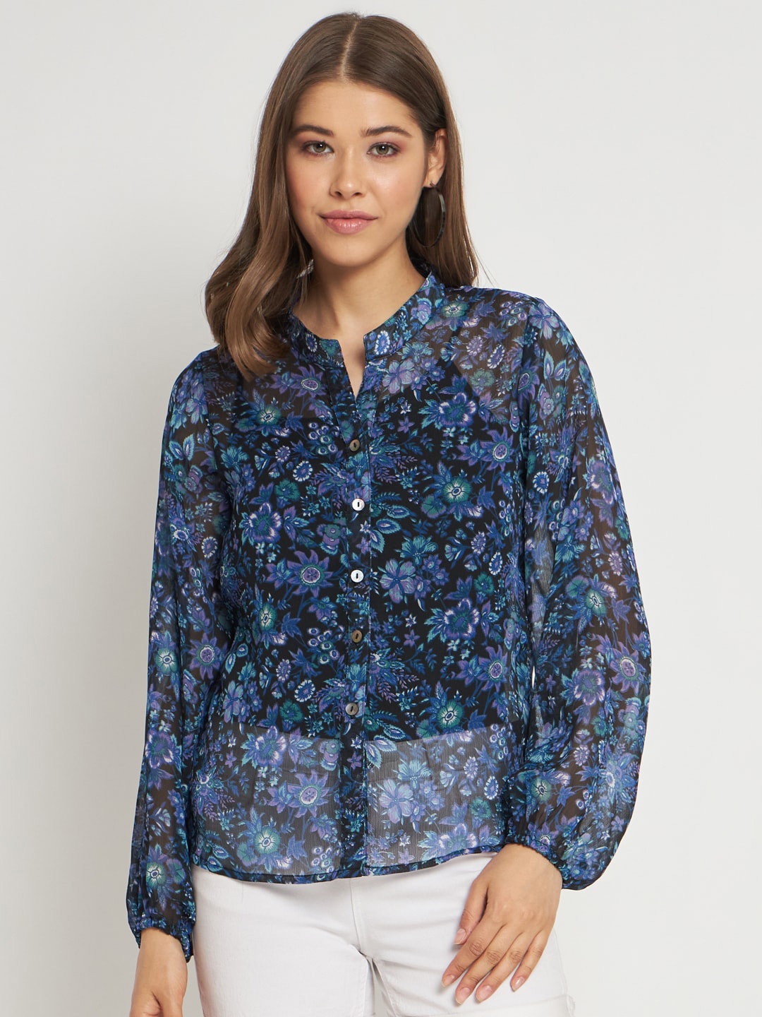 

ANVI Be Yourself Blue & Black Floral Printed Classic Sheer Shirt