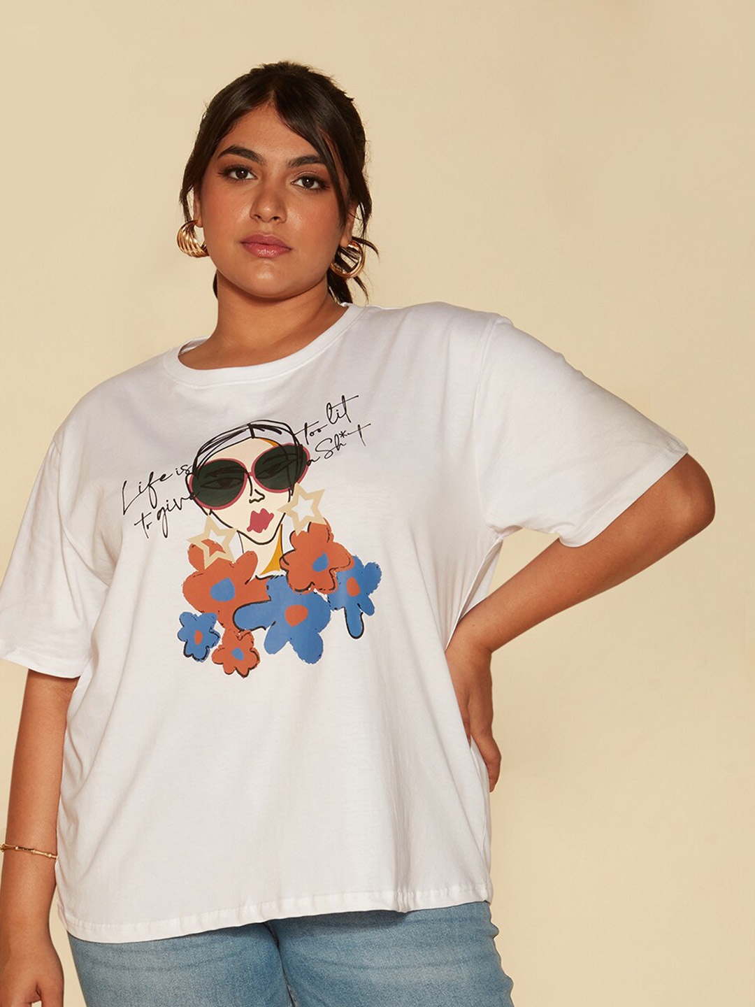 

20Dresses White Printed Round Neck Graphic Printed Pure Cotton T-shirt