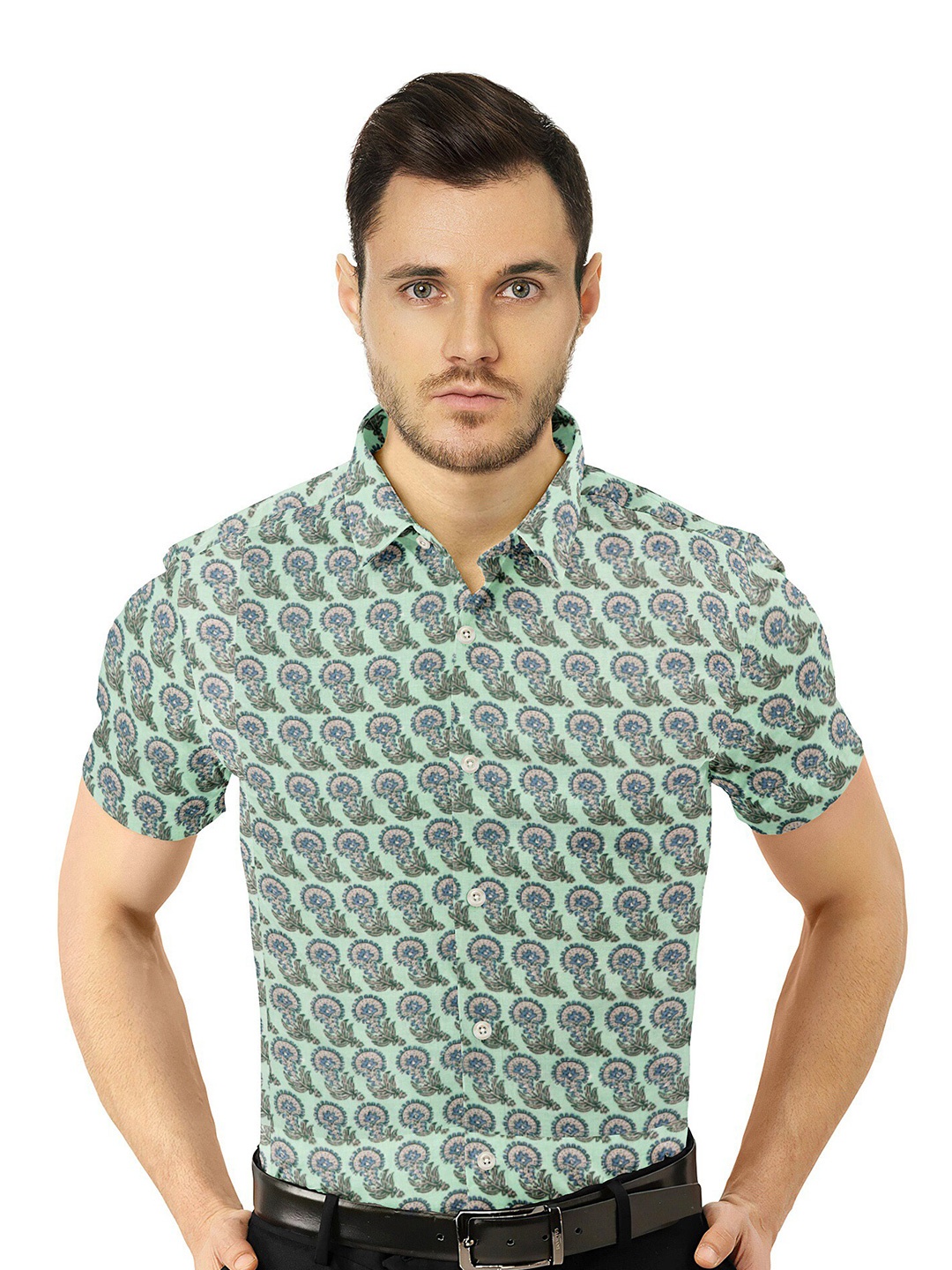

misbis Relaxed Slim Fit Opaque Printed Casual Cotton Shirt, Green