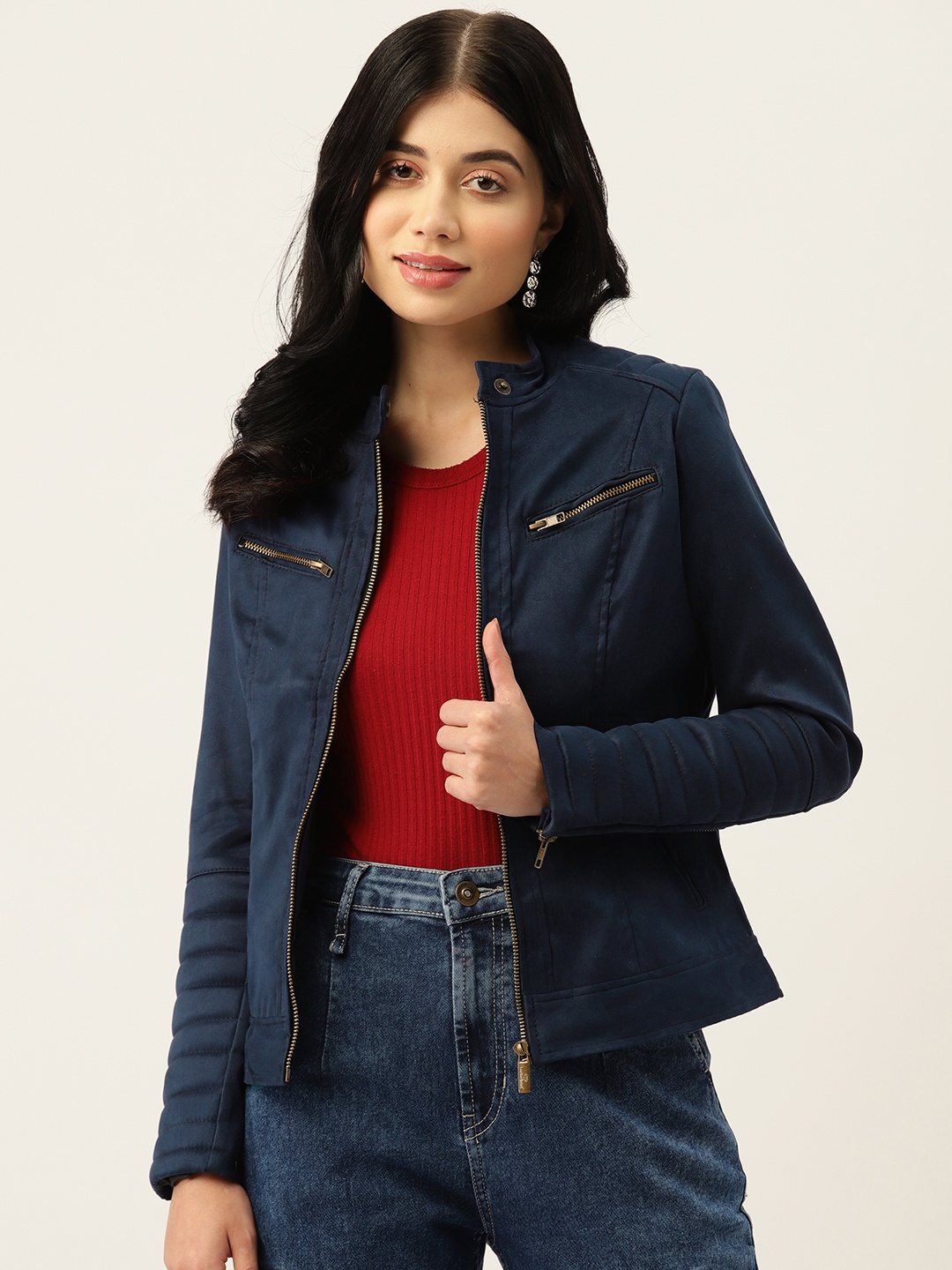 

Leather Retail Women Suede Lightweight Biker Jacket, Navy blue