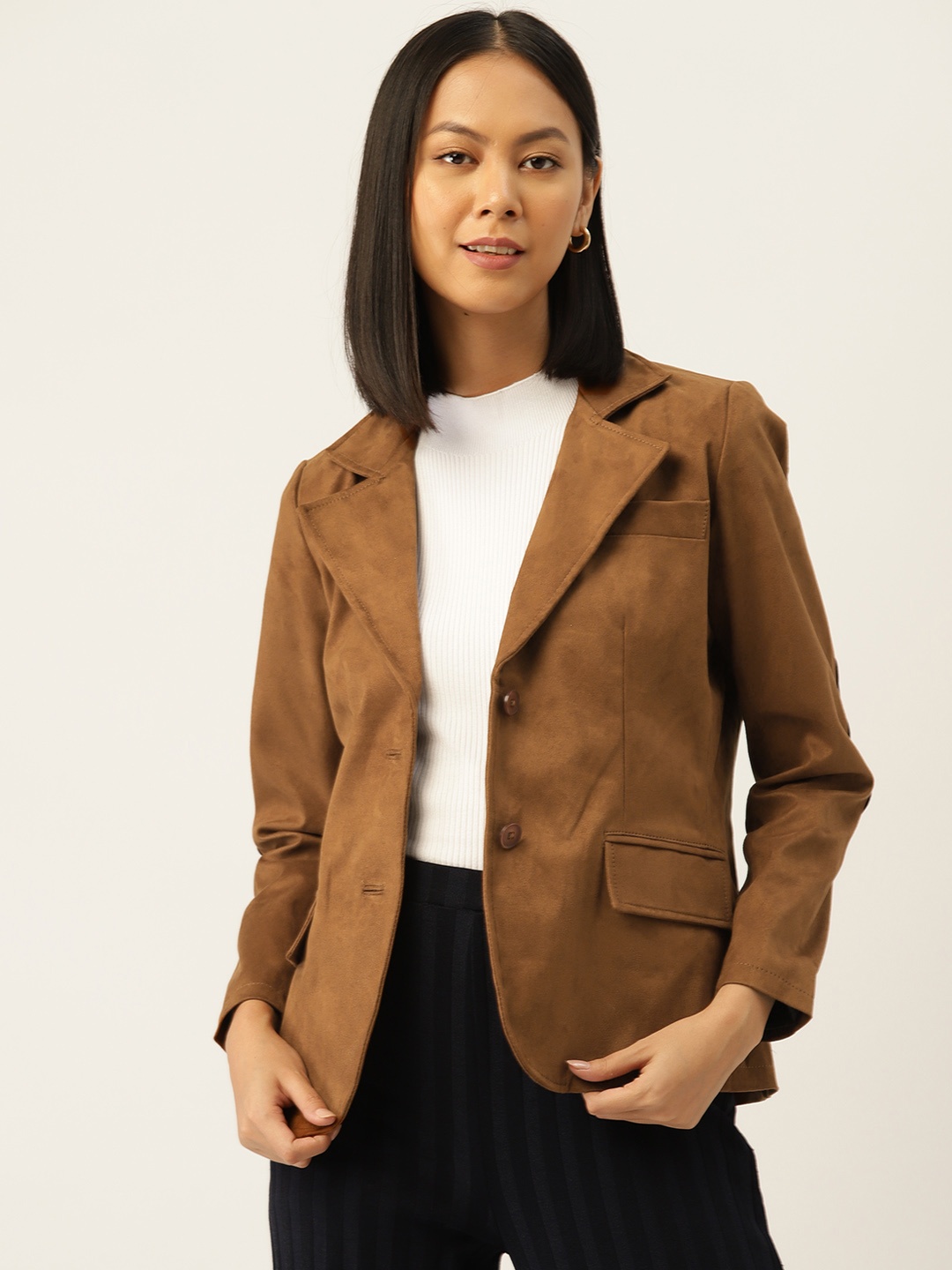 

Leather Retail Women Solid Suede Single Breasted Slim Fit Blazers, Brown