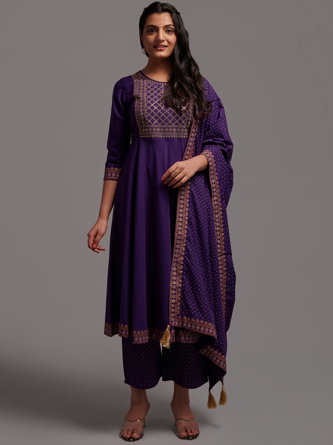 

KALINI Embroidered Sequined Detailed Kurta & Trousers With Dupatta, Violet