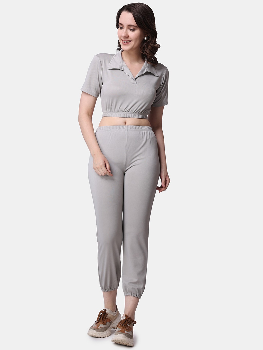 

Popwings Self Design Shirt Collar Top With Joggers Co-Ords, Grey