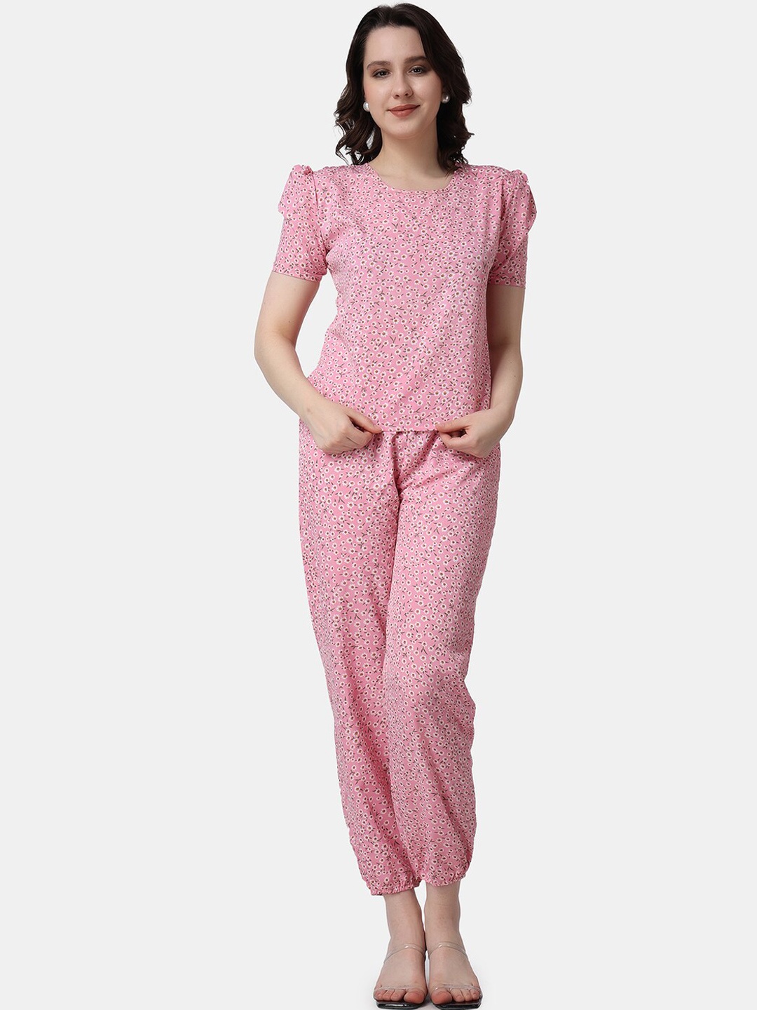 

Popwings Floral Printed Puff Sleeves Top With Jogger, Pink