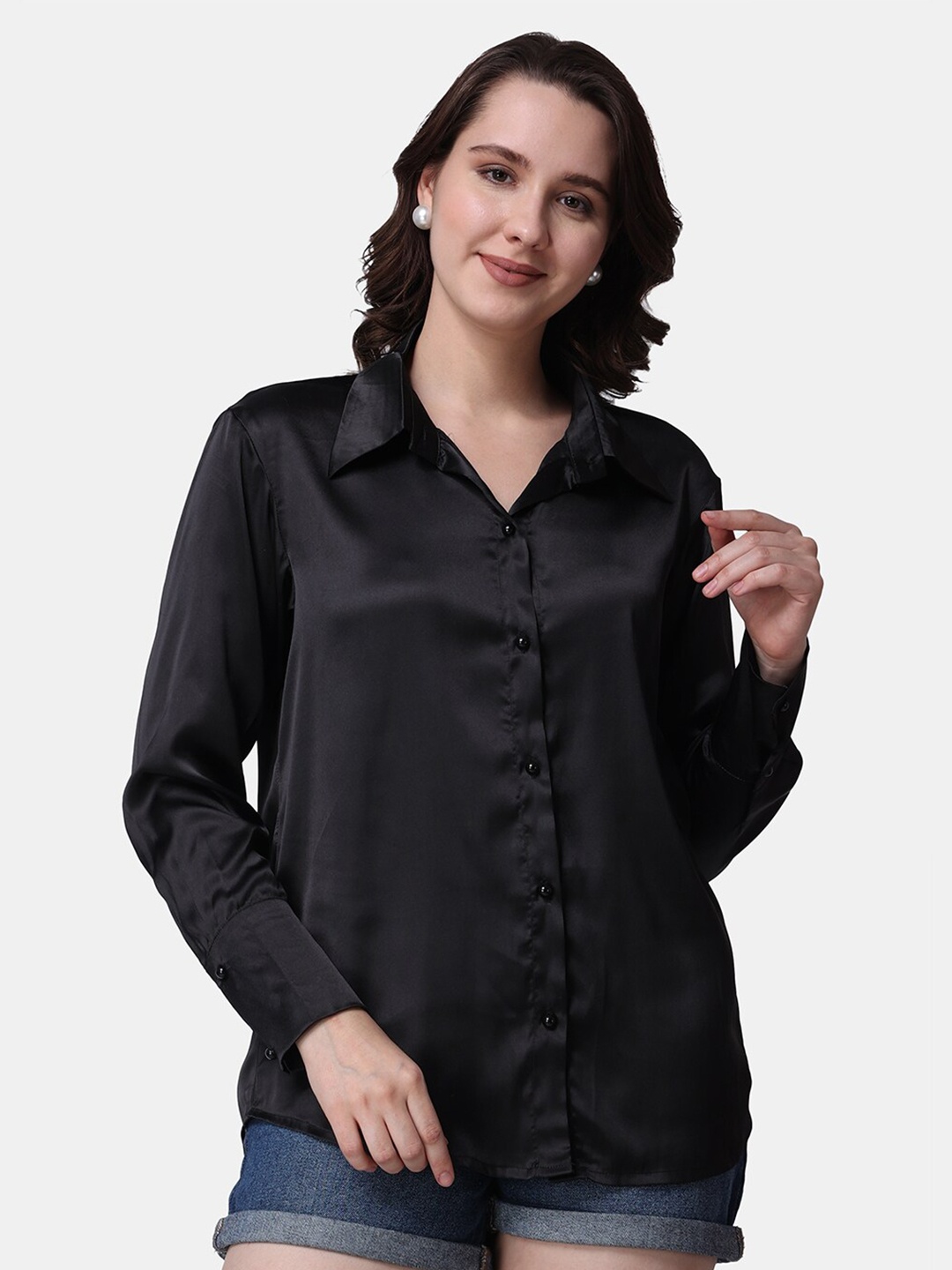 

Popwings Spread Collar Satin Casual Shirt, Black