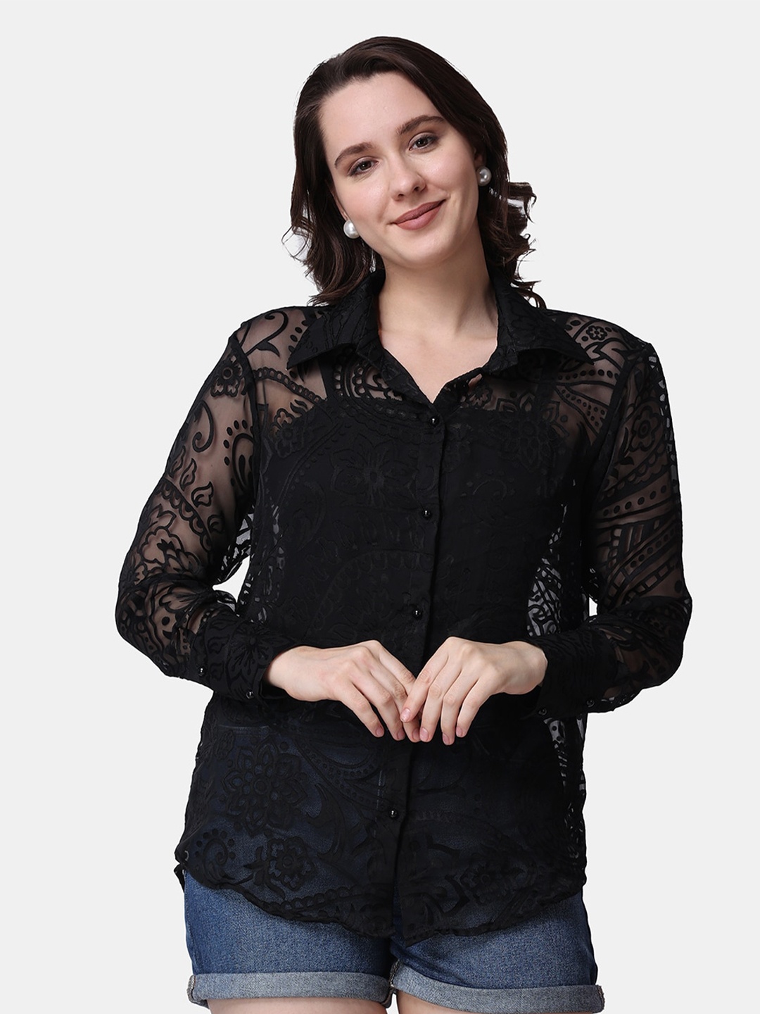 

Popwings Relaxed Self Design Sheer Casual Shirt, Black