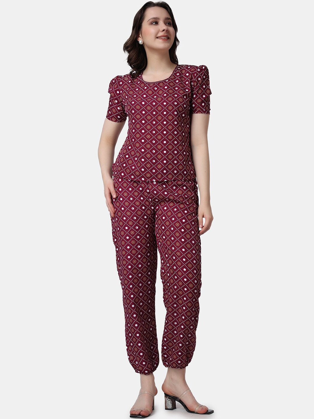 

Popwings Floral Printed Puff Sleeves Top With Joggers, Maroon