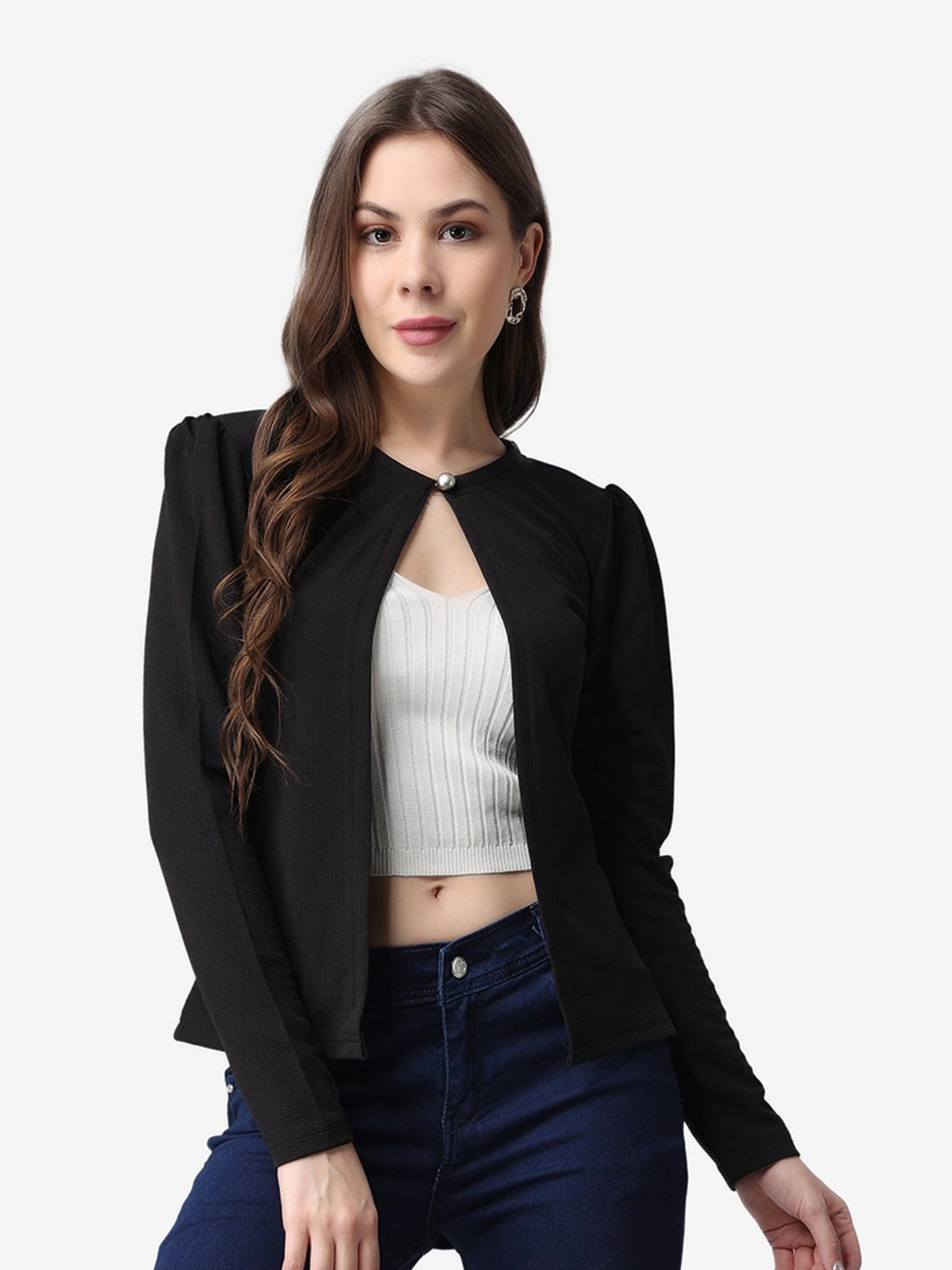 

Popwings Long Sleeves Front Open Button Closure Shrug, Black