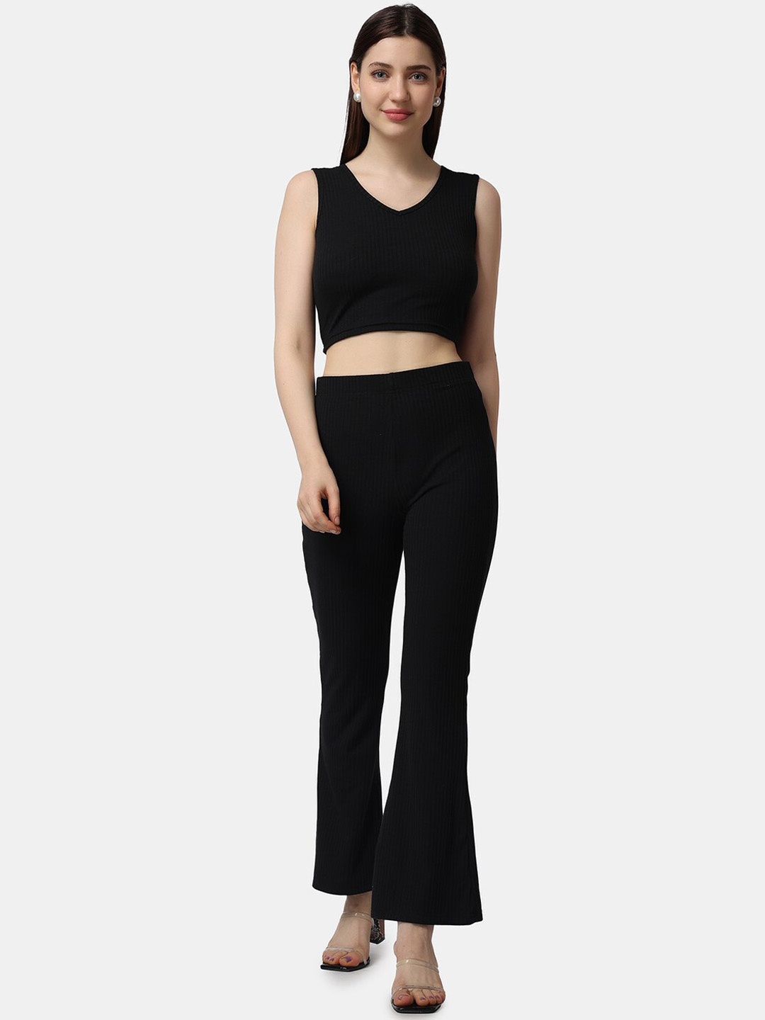 

Popwings Ribbed Crop-Top & Bootcut Trouser Co-Ords, Black