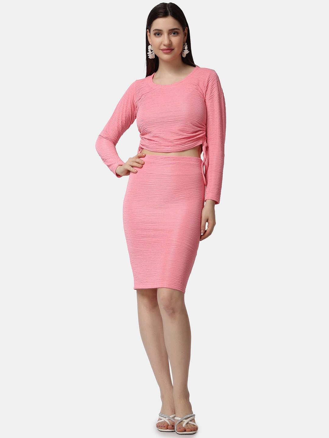 

Popwings Self-Design Top With Skirt Co-Ords, Pink