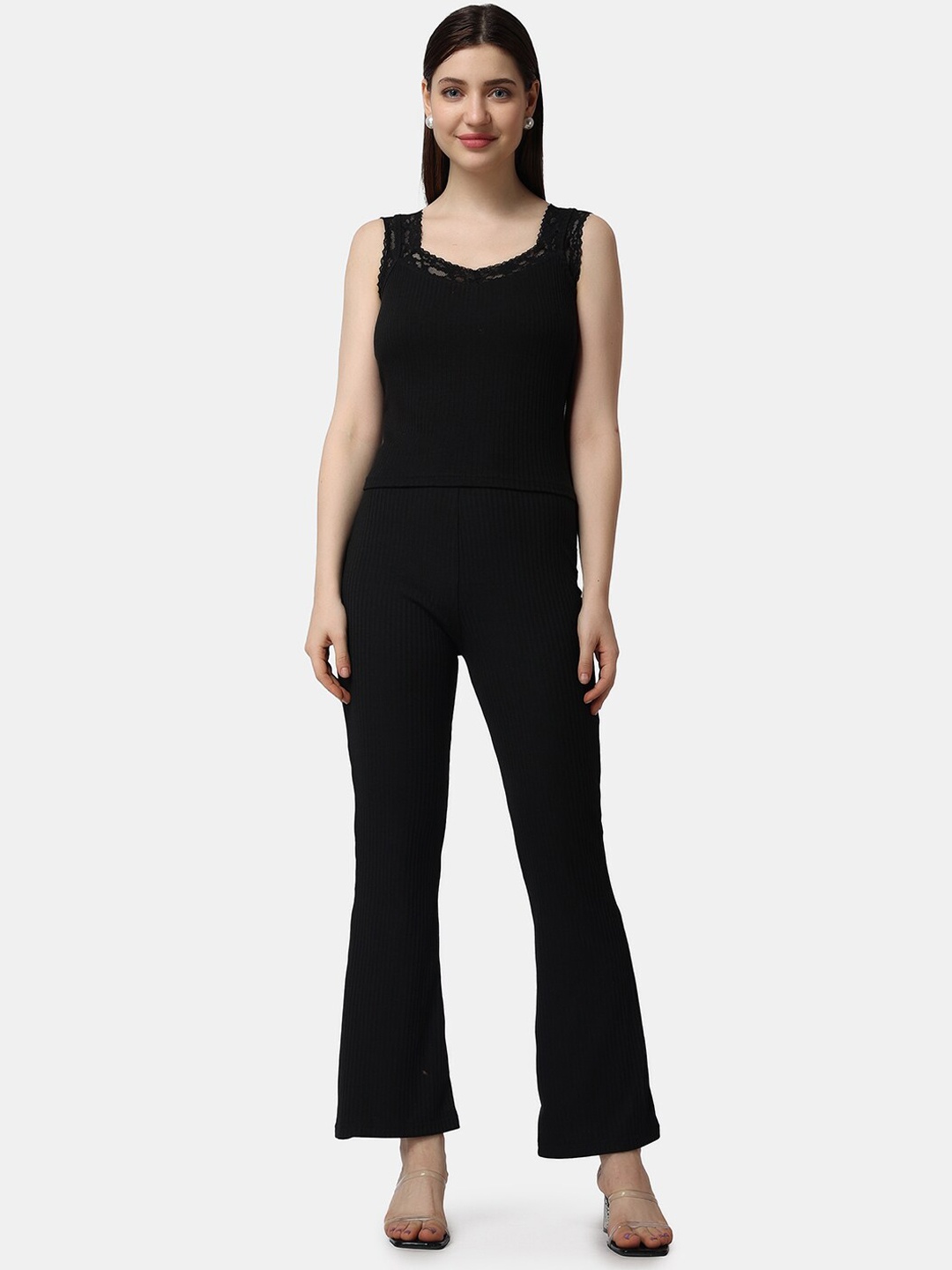 

Popwings Ribbed Lace Detailed Top With Trousers Co-Ords, Black