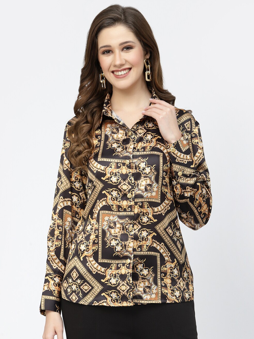 

Popwings Classic Opaque Printed Satin Casual Shirt, Black