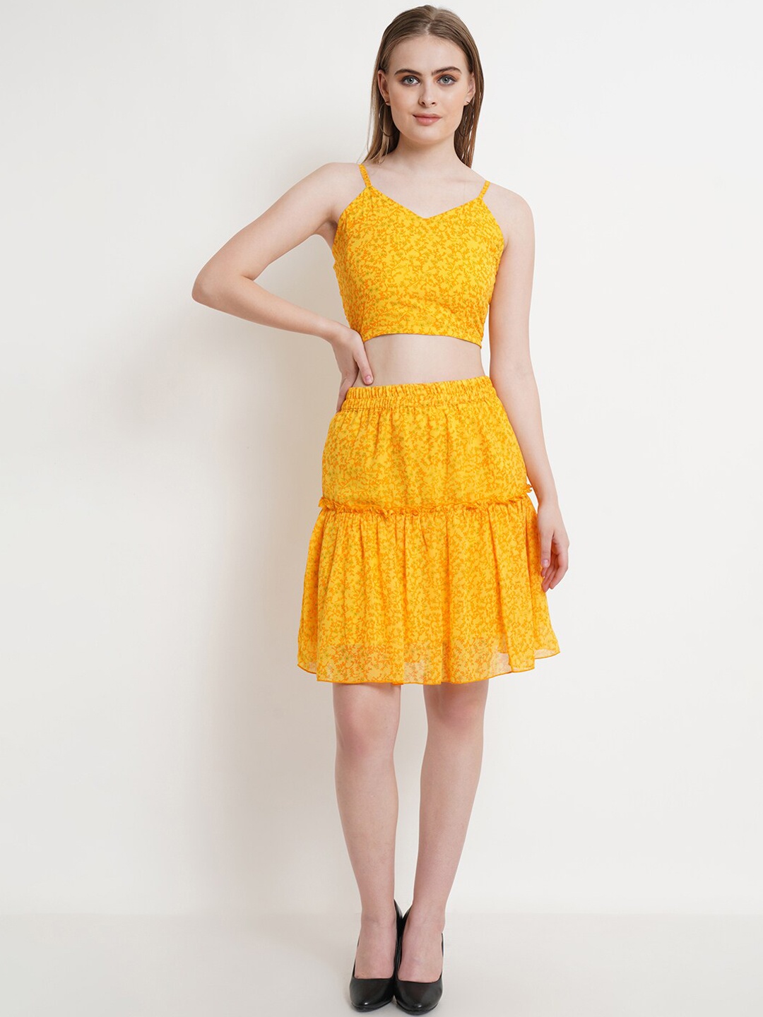 

Popwings Printed Top With Flared Skirt, Yellow