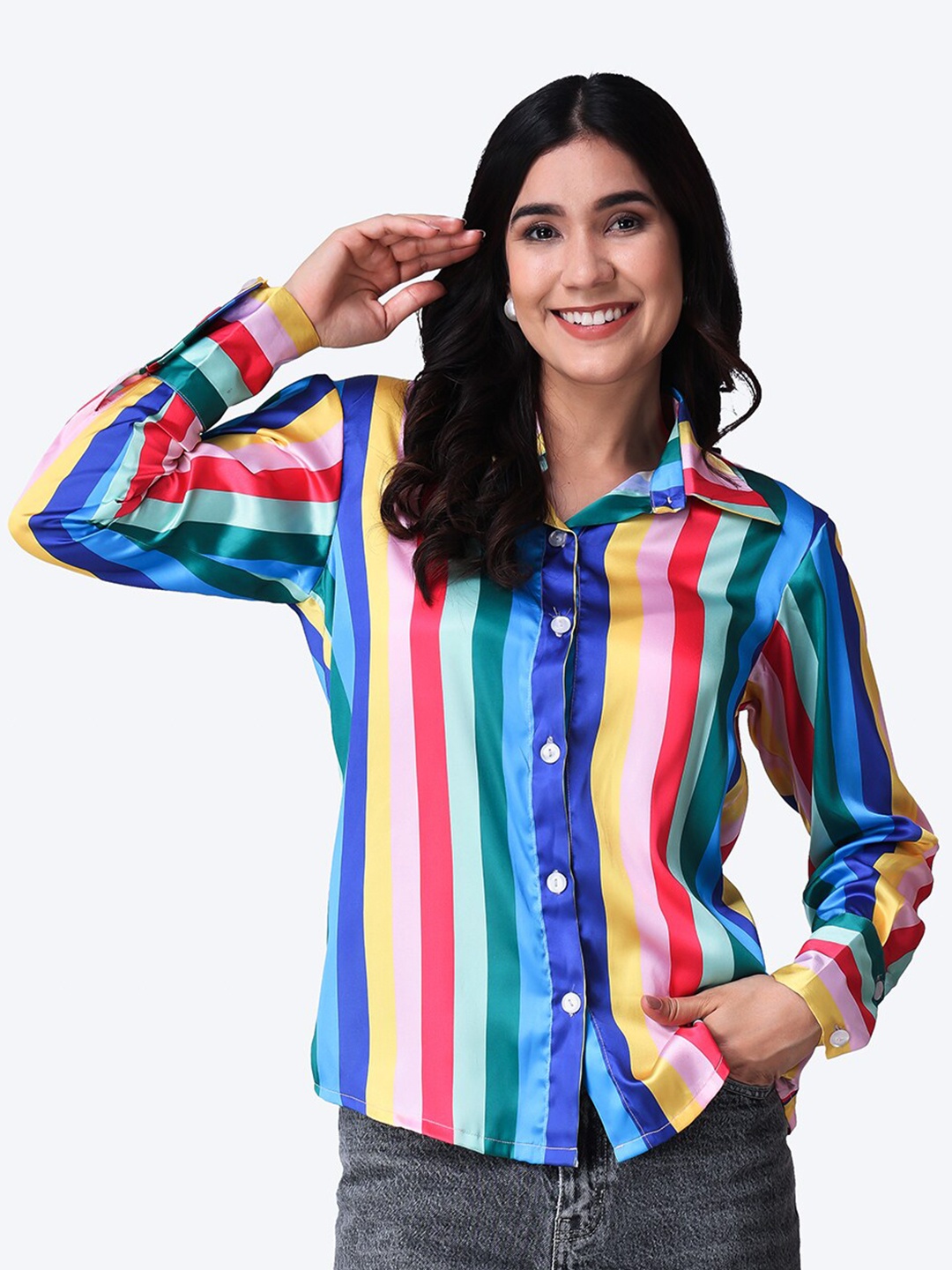

Popwings Relaxed Multi Stripes Satin Casual Shirt, Blue