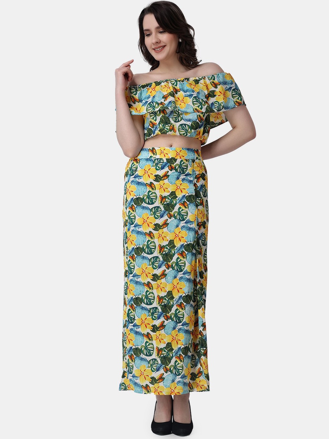 Popwings Printed Off Shoulder Top With Skirt, Green