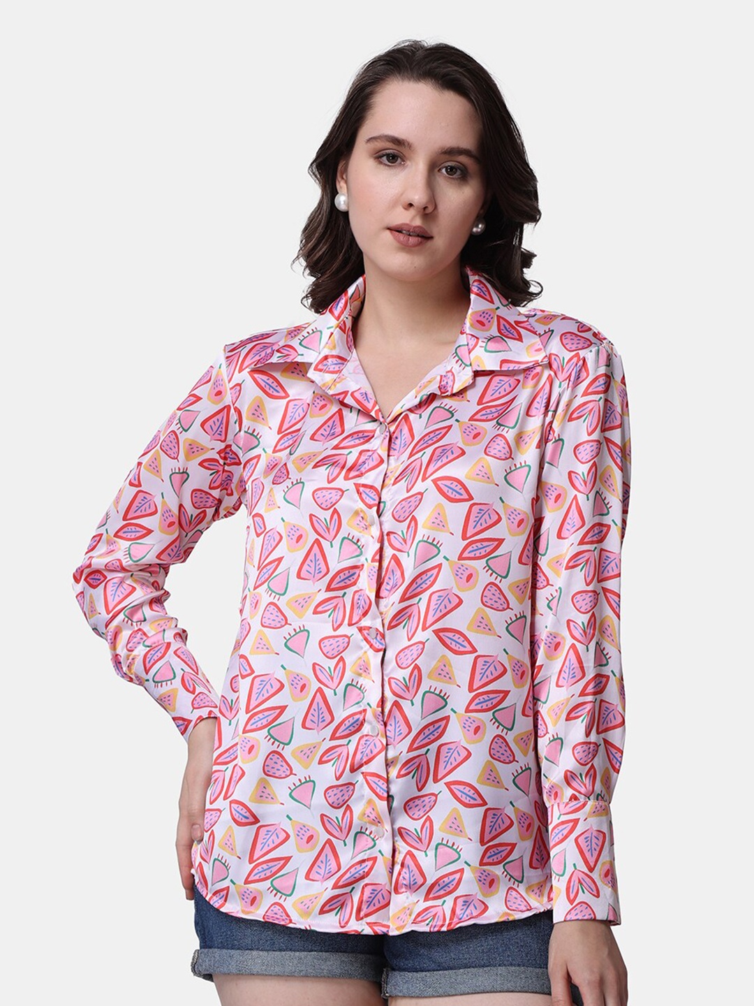 

Popwings Relaxed Floral Opaque Printed Satin Casual Shirt, Peach