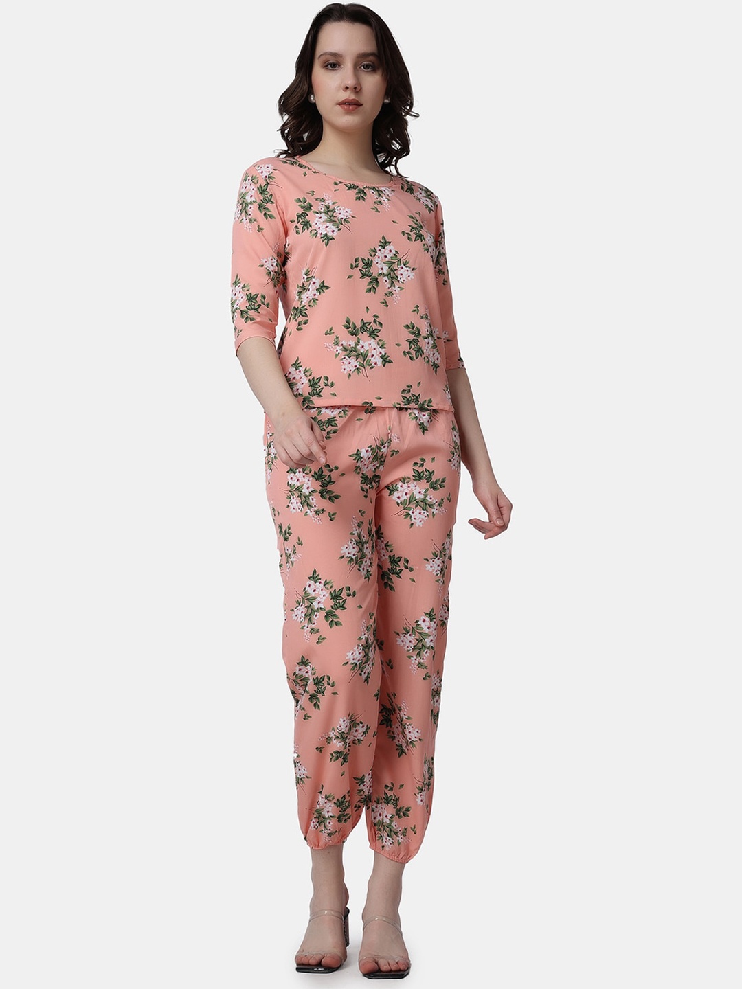 

Popwings Floral Printed Top With Joggers Co-Ords Set, Peach