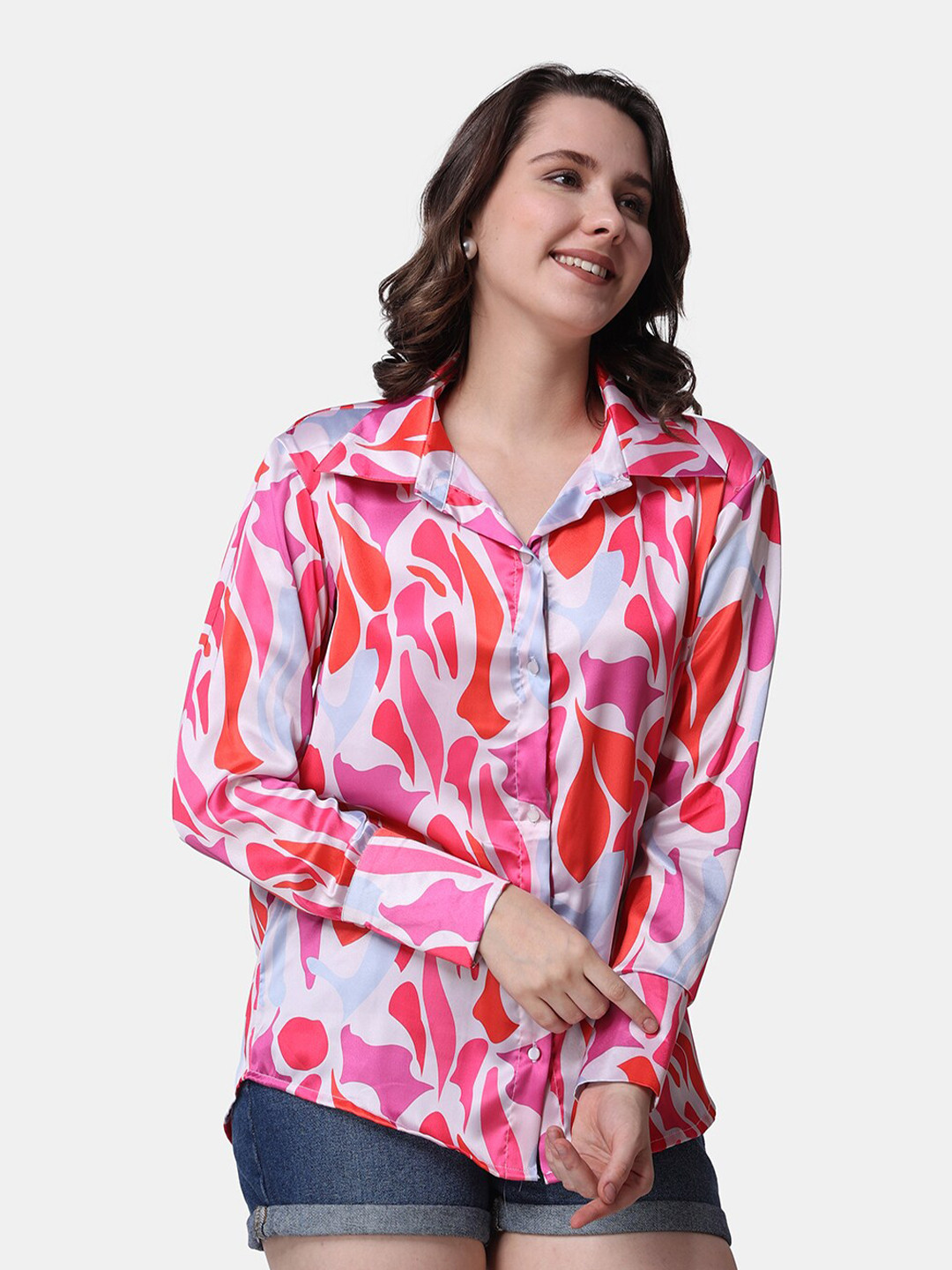 

Popwings Relaxed Opaque Printed Satin Casual Shirt, Pink