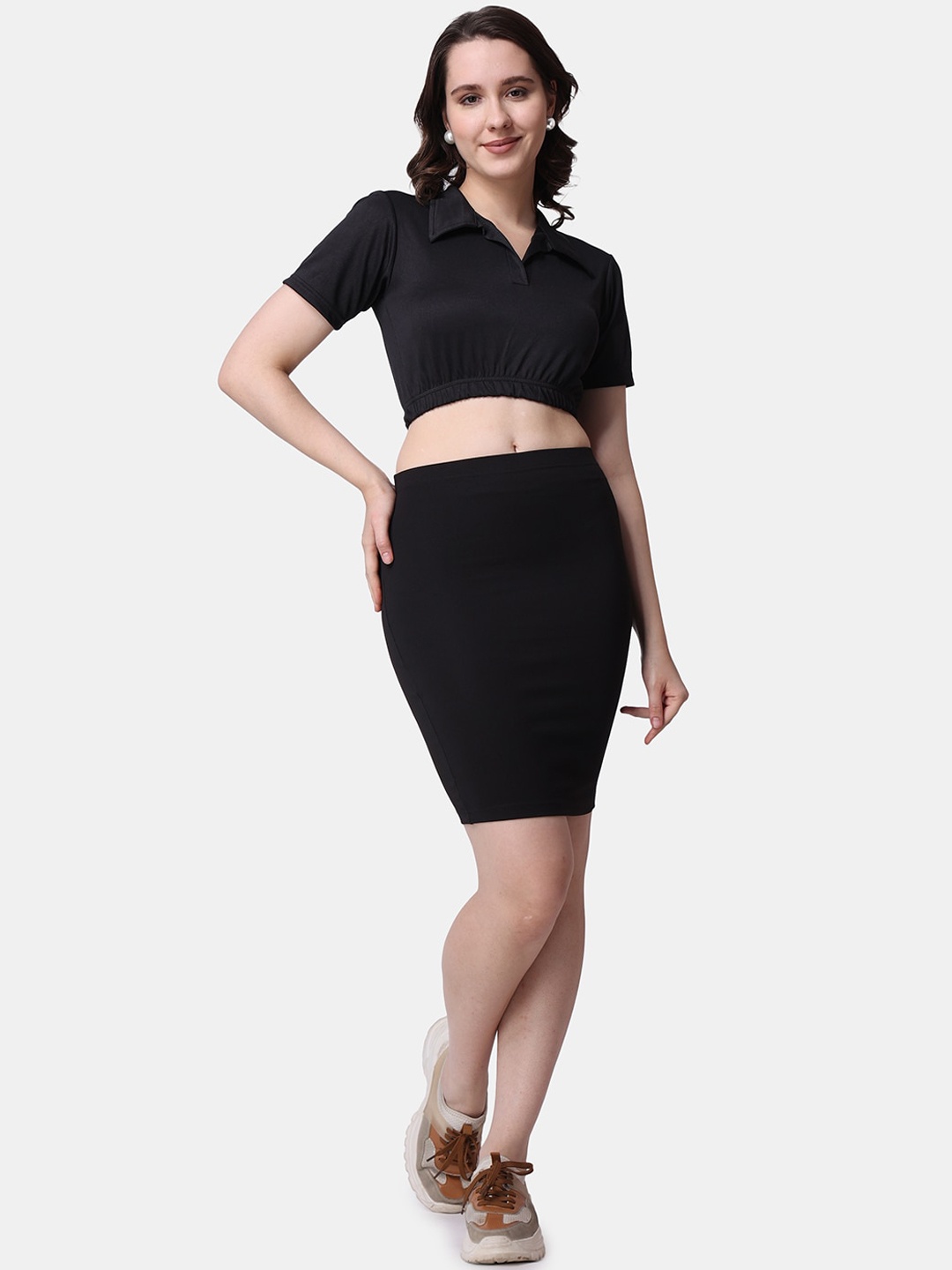 

Popwings Shirt Collar Crop Top With Pencil Skirt, Black
