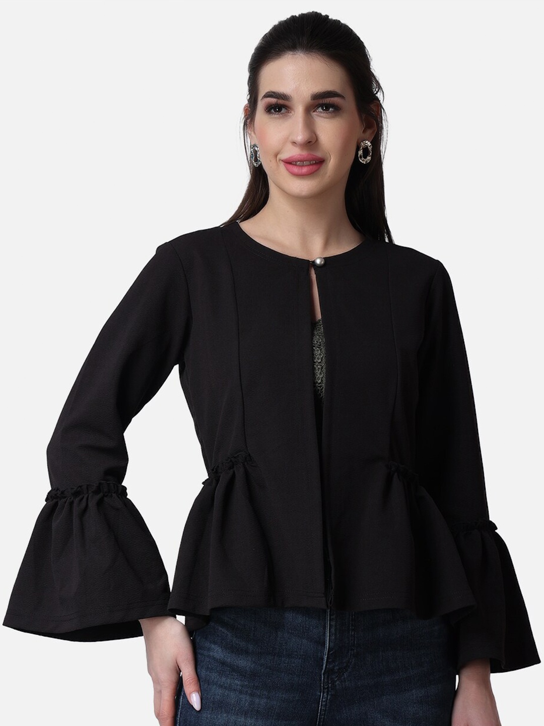 

Popwings Bell Sleeves Button Closure Shrug, Black