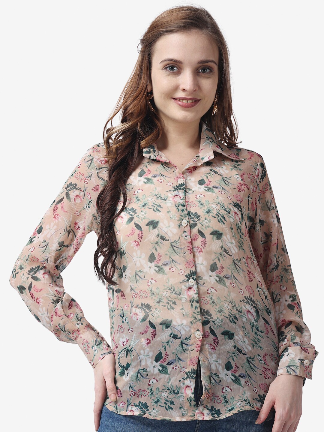 

Popwings Relaxed Floral Printed Semi Sheer Casual Shirt, Beige