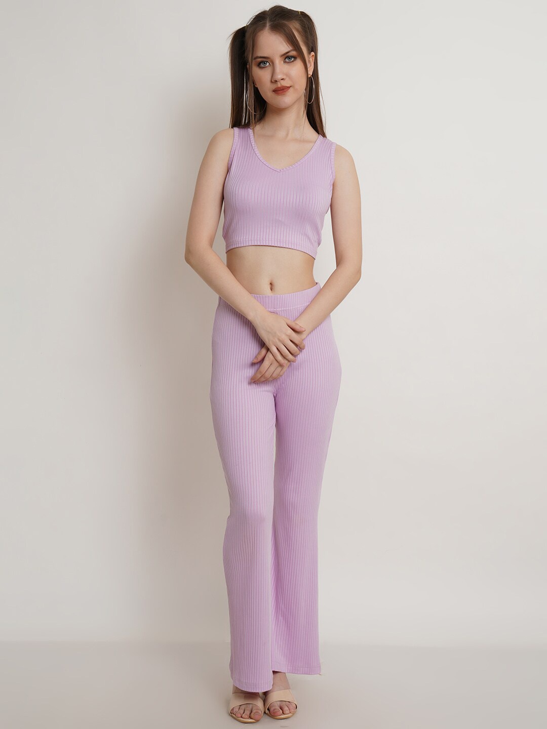 

Popwings Self Design Crop Top With Trousers, Lavender