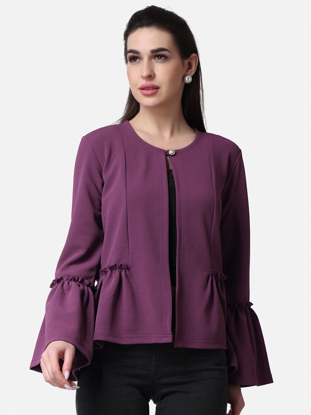 

Popwings Long Sleeves Front Open Button Closure Shrug, Purple