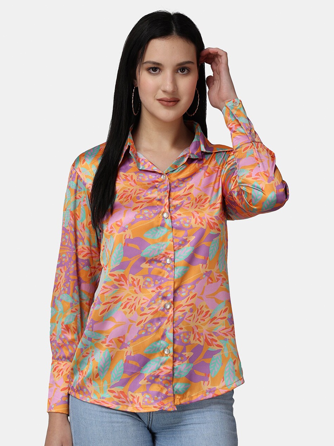 

Popwings Classic Floral Printed Satin Casual Shirt, Orange