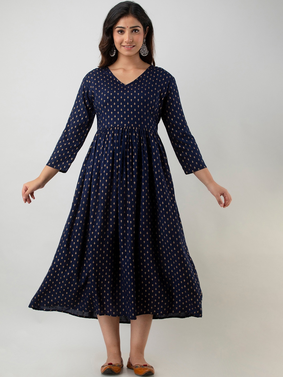 

Nirkhi Ethnic Motifs Printed Pleated Maternity Fit & Flare Ethnic Dress, Blue