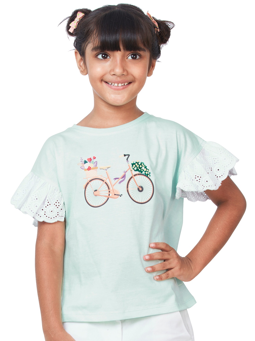 

My Milestones Girls Graphic Printed Ruffles Knitted Cotton Regular Top, Sea green