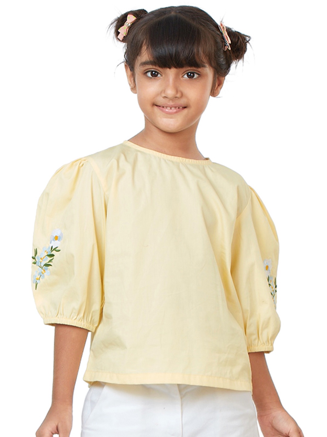 

My Milestones Girls Embroidered Puff Sleeves Cotton Regular Top, Yellow