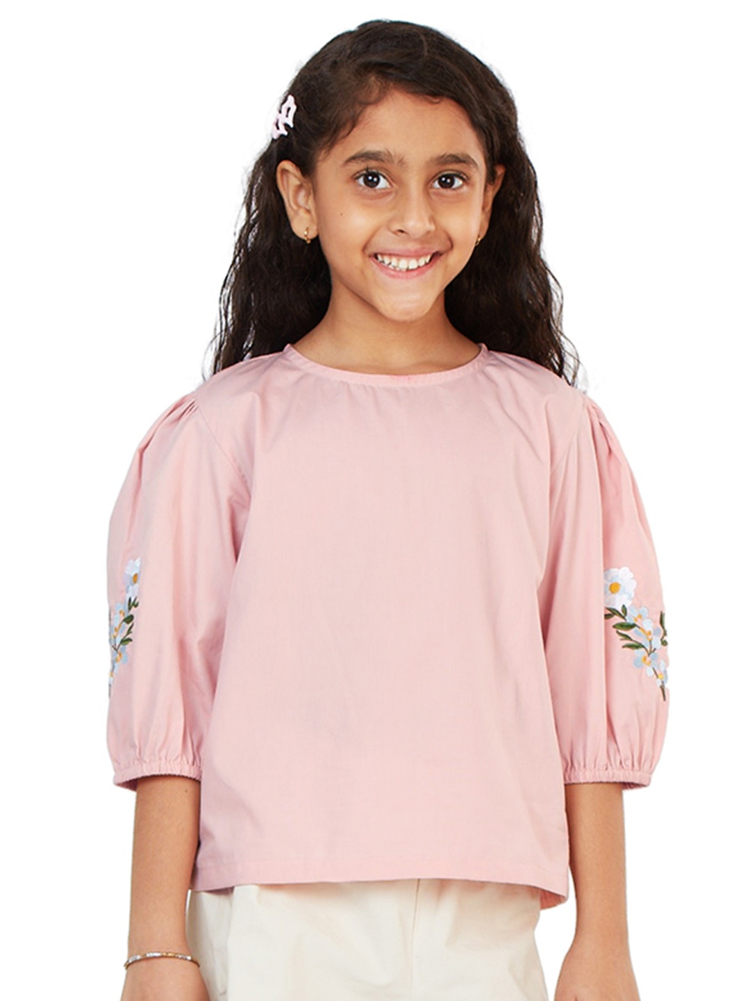 

My Milestones Girls Embroidered Puff Sleeves Cotton Regular Top, Pink