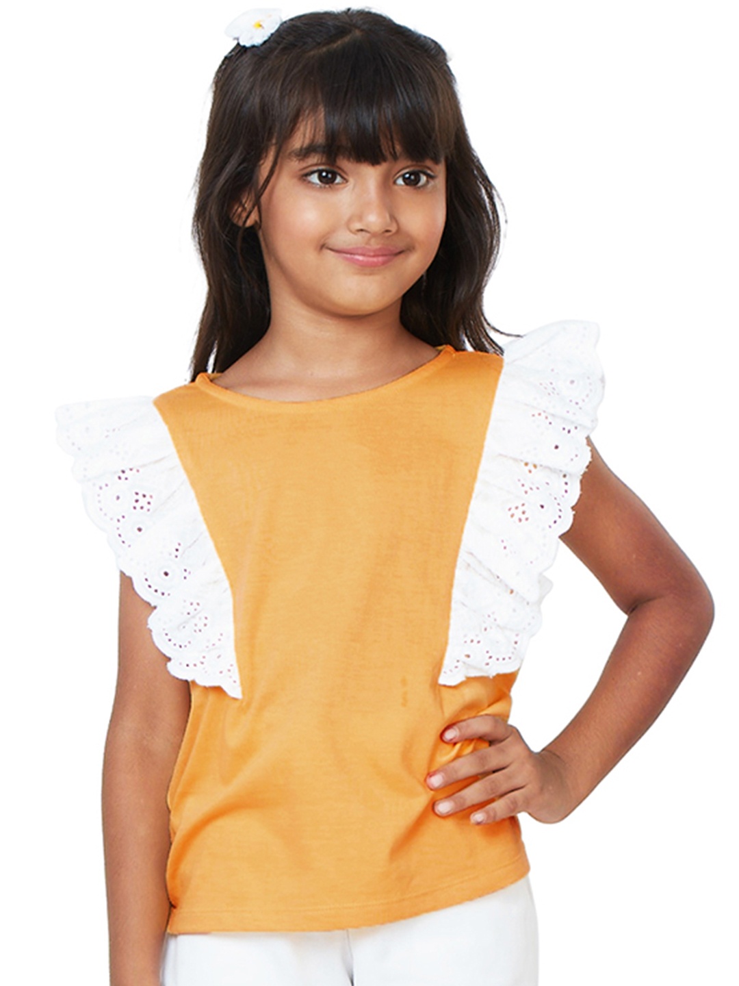 

My Milestones Girls Ruffled Schiffli Cotton Top, Yellow
