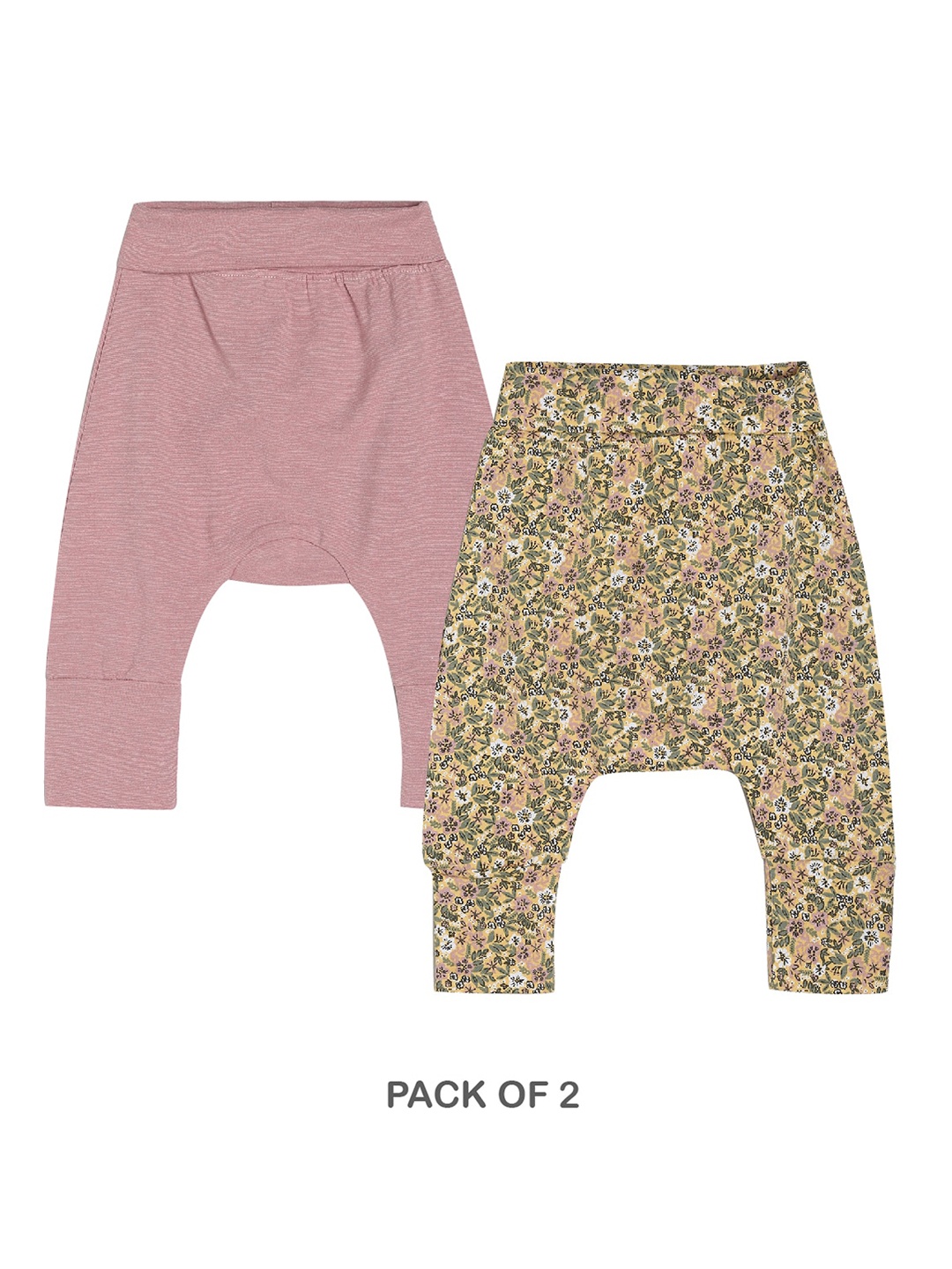 

CHAYIM Infants Pack Of 2 Floral Printed Mid Rise Plain Joggers, Yellow