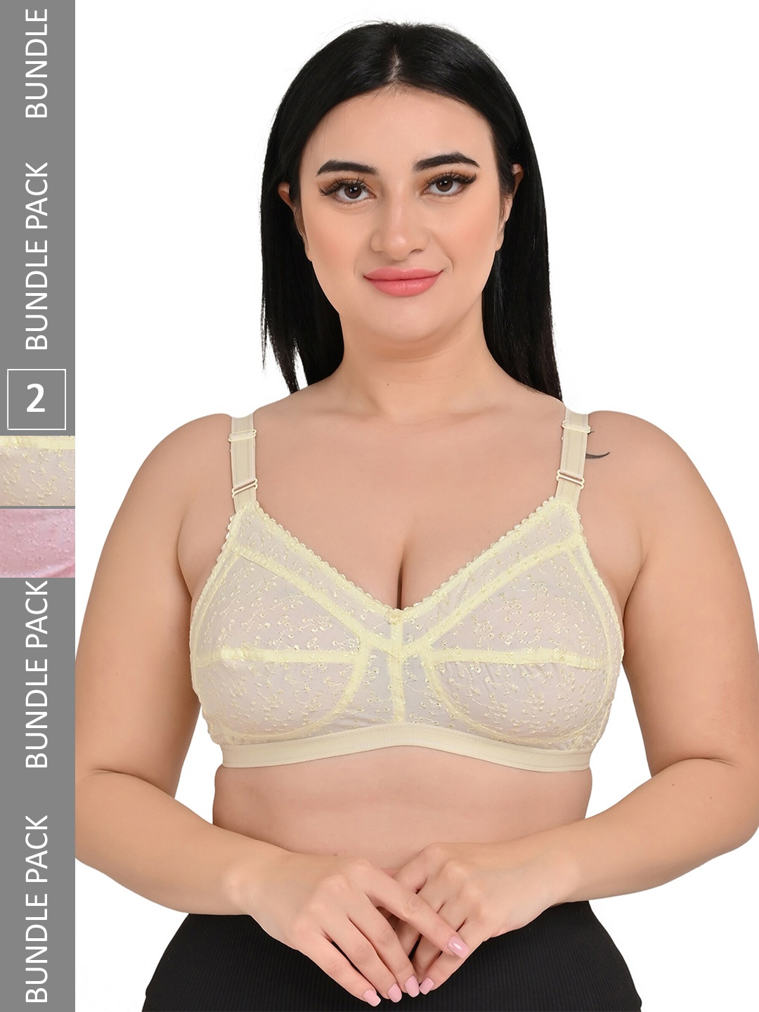 

Piylu Pack Of 2 Floral Printed Non Padded Cut & Sew Full Coverage Bra - All Day Comfort, Pink