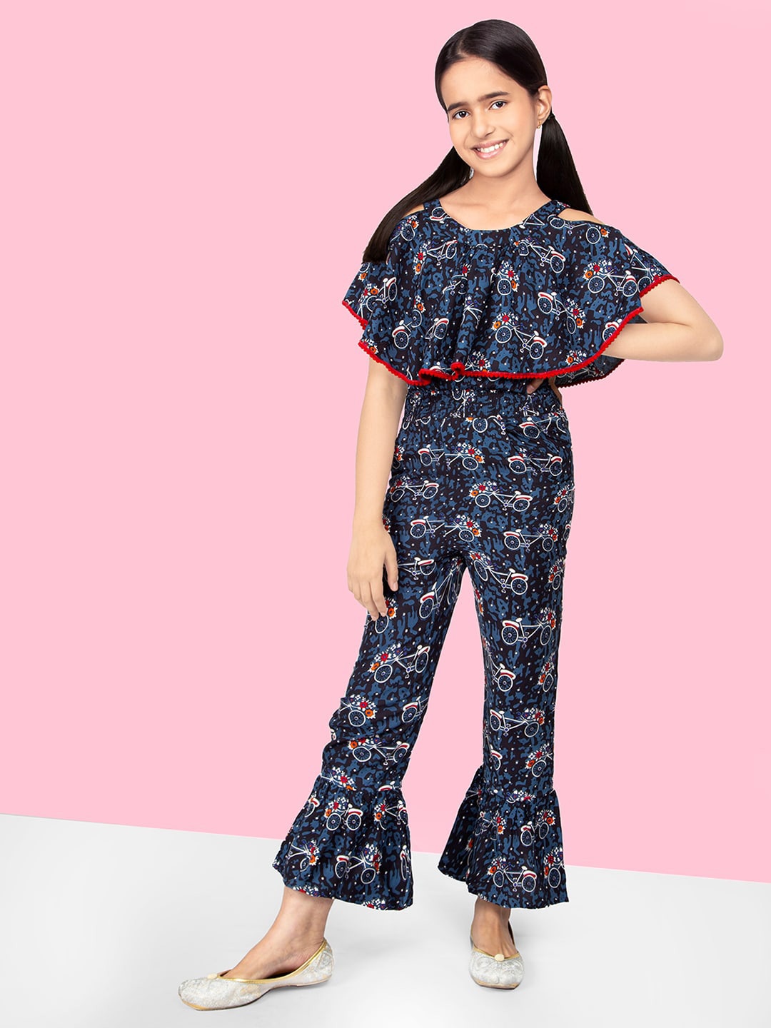 

Naughty Ninos Girls Printed Basic Jumpsuit with Lace Inserts, Navy blue