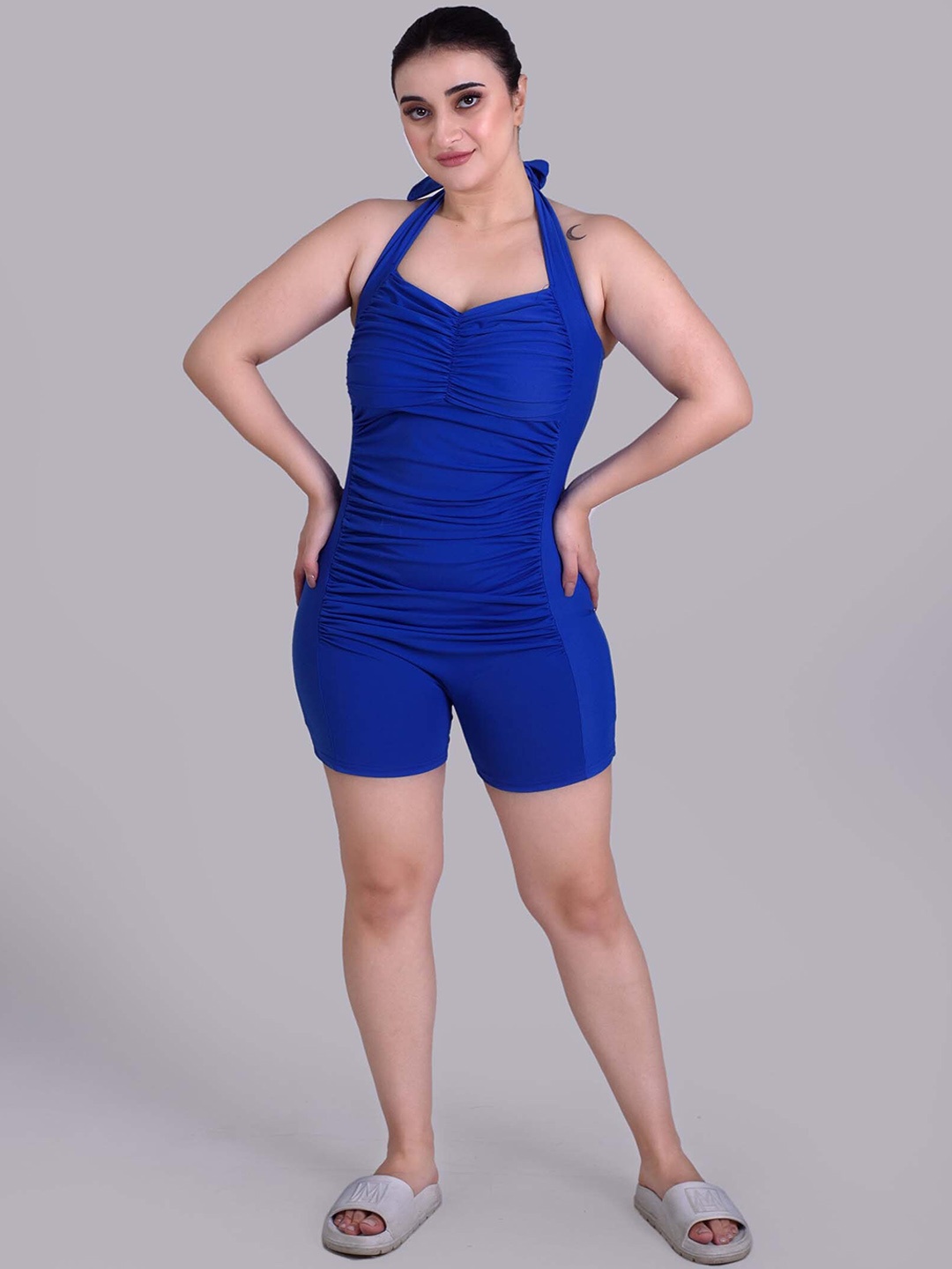 

KEEPFIT Halter Neck Padded Ruched Sleeveless One Piece Legsuit, Blue