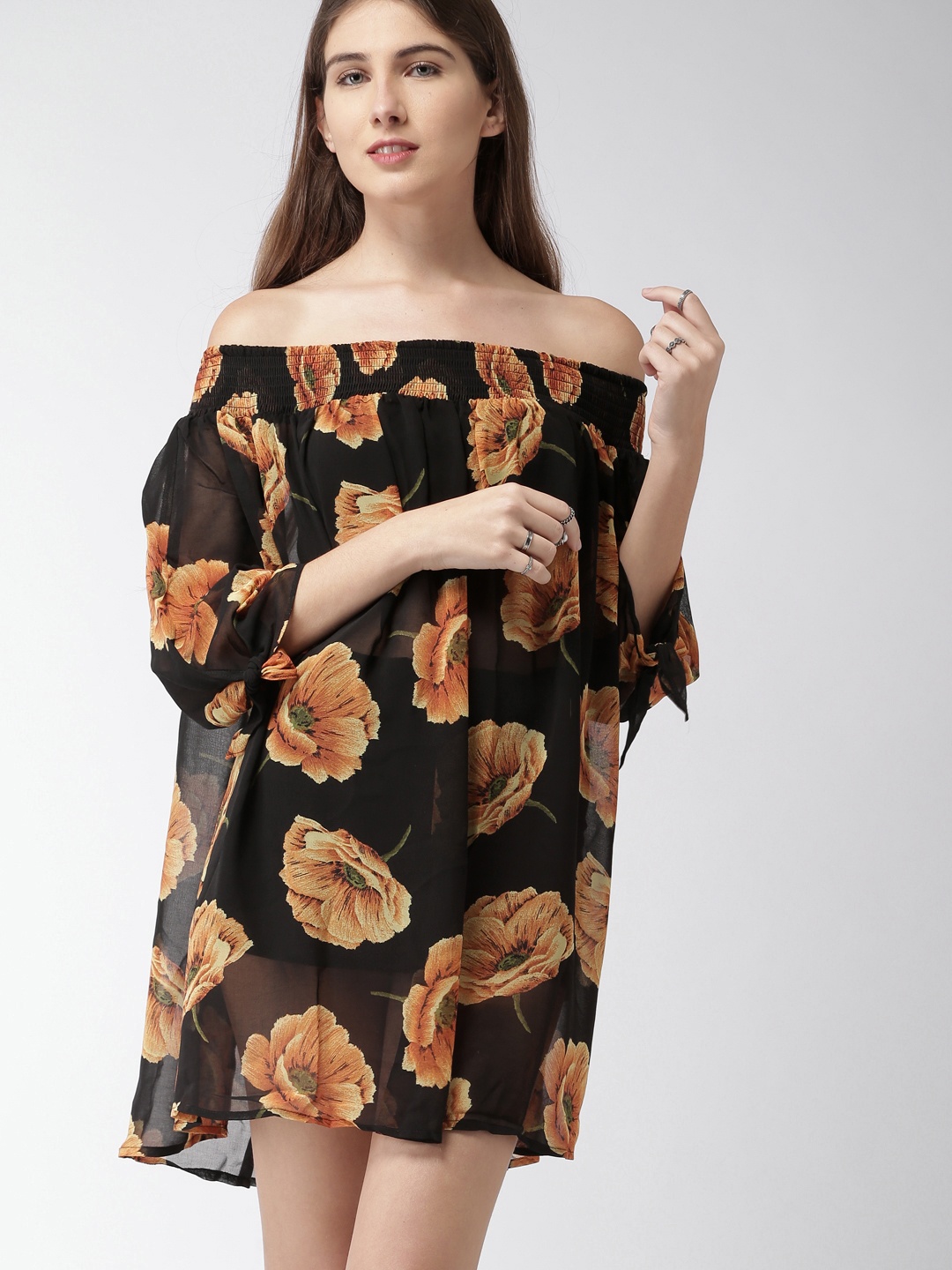 

FOREVER 21 Women Black & Yellow Printed A-Line Dress