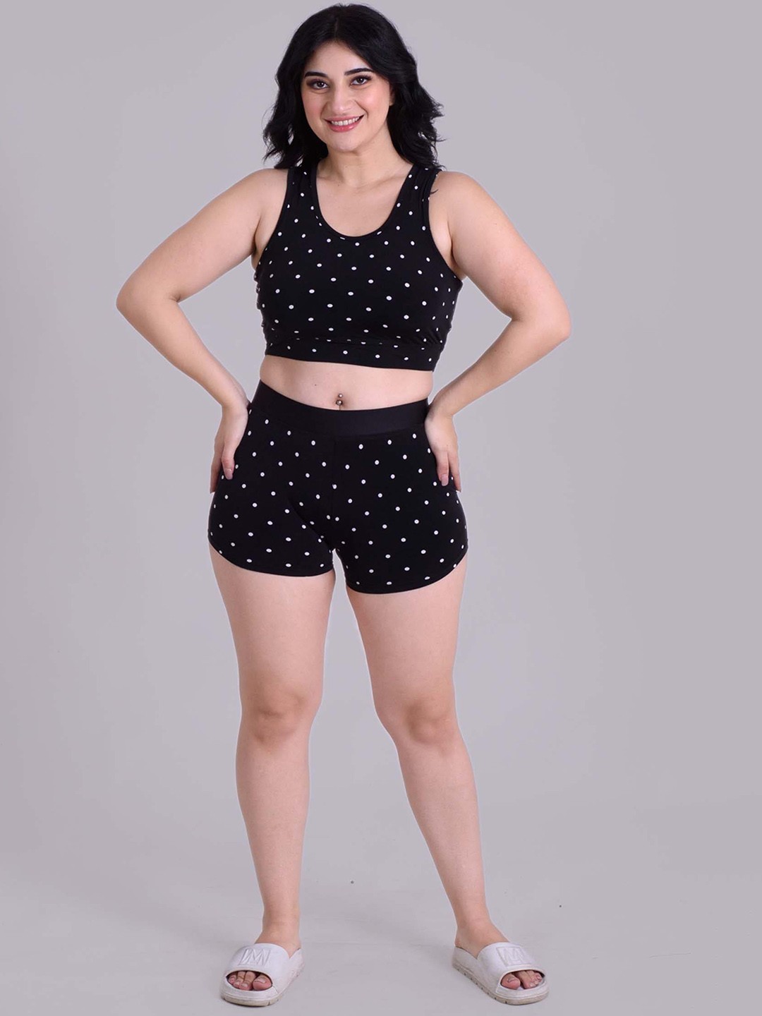 

Keepfit Polka Dots Printed Crop Top With Boy Shorts SwimSet, Black